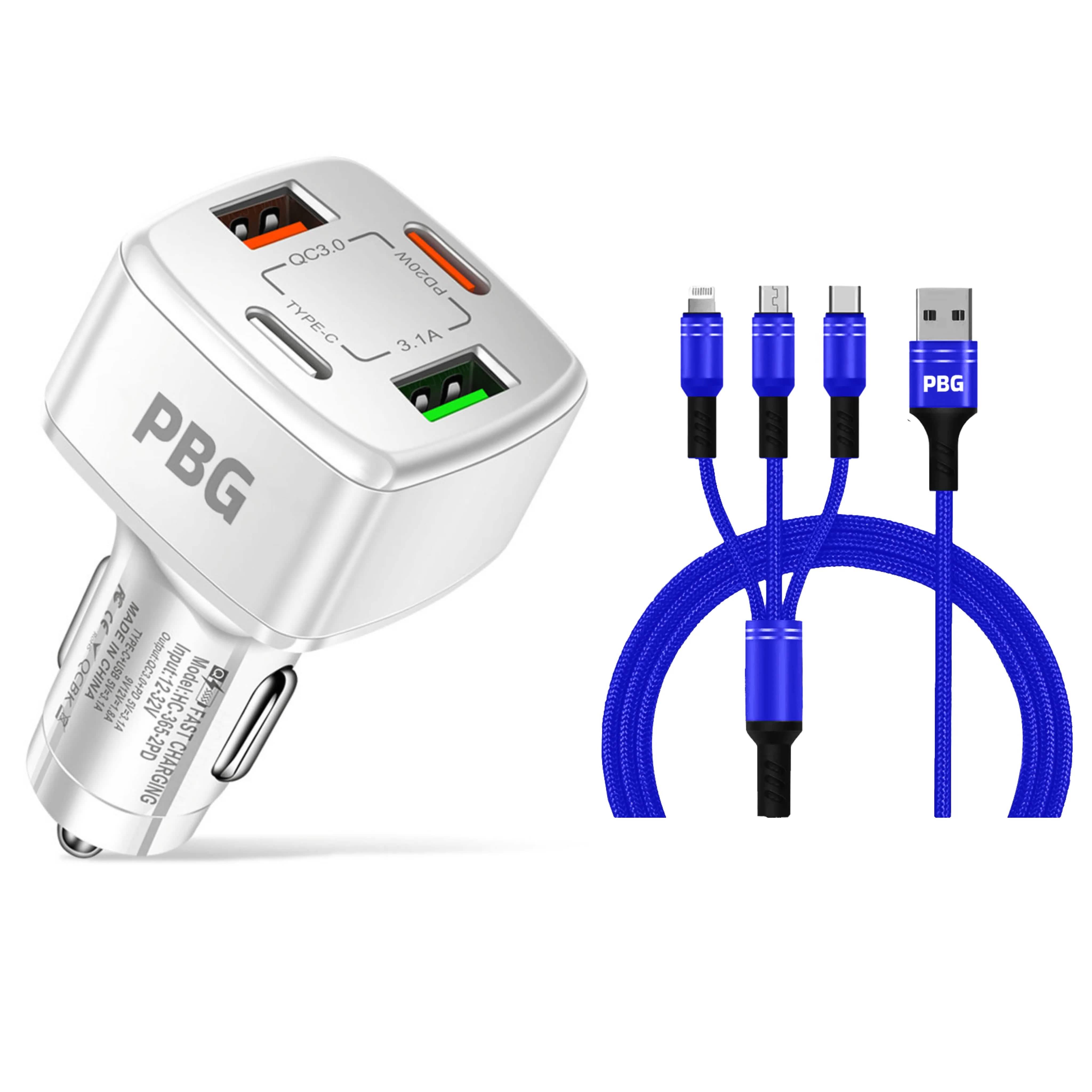 PBG 4 Port Car Charger and 4FT - 3 in 1 Nylon Cable Combo Automotive Blue - DailySale