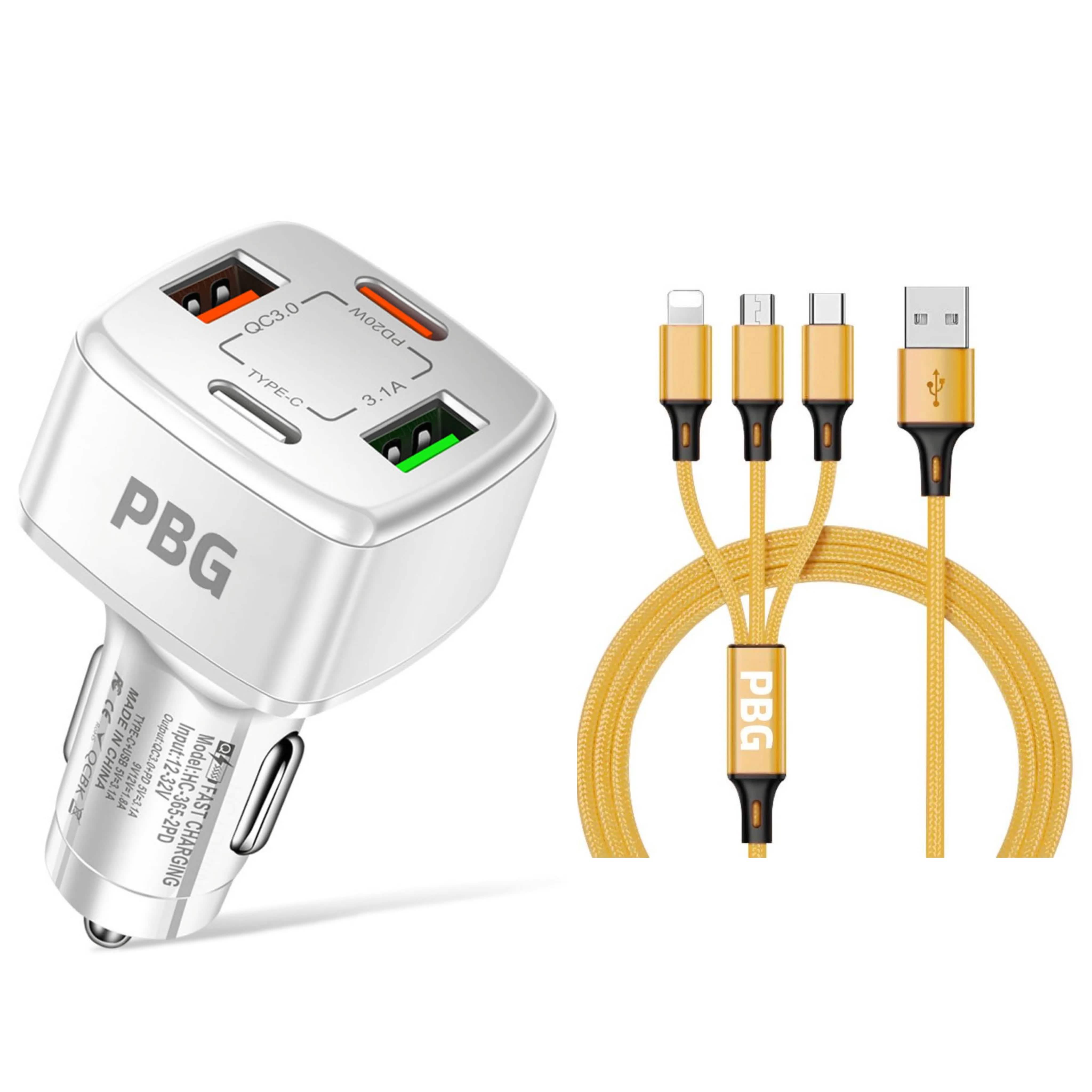 PBG 4 Port Car Charger and 4FT - 3 in 1 Nylon Cable Combo Automotive Gold - DailySale
