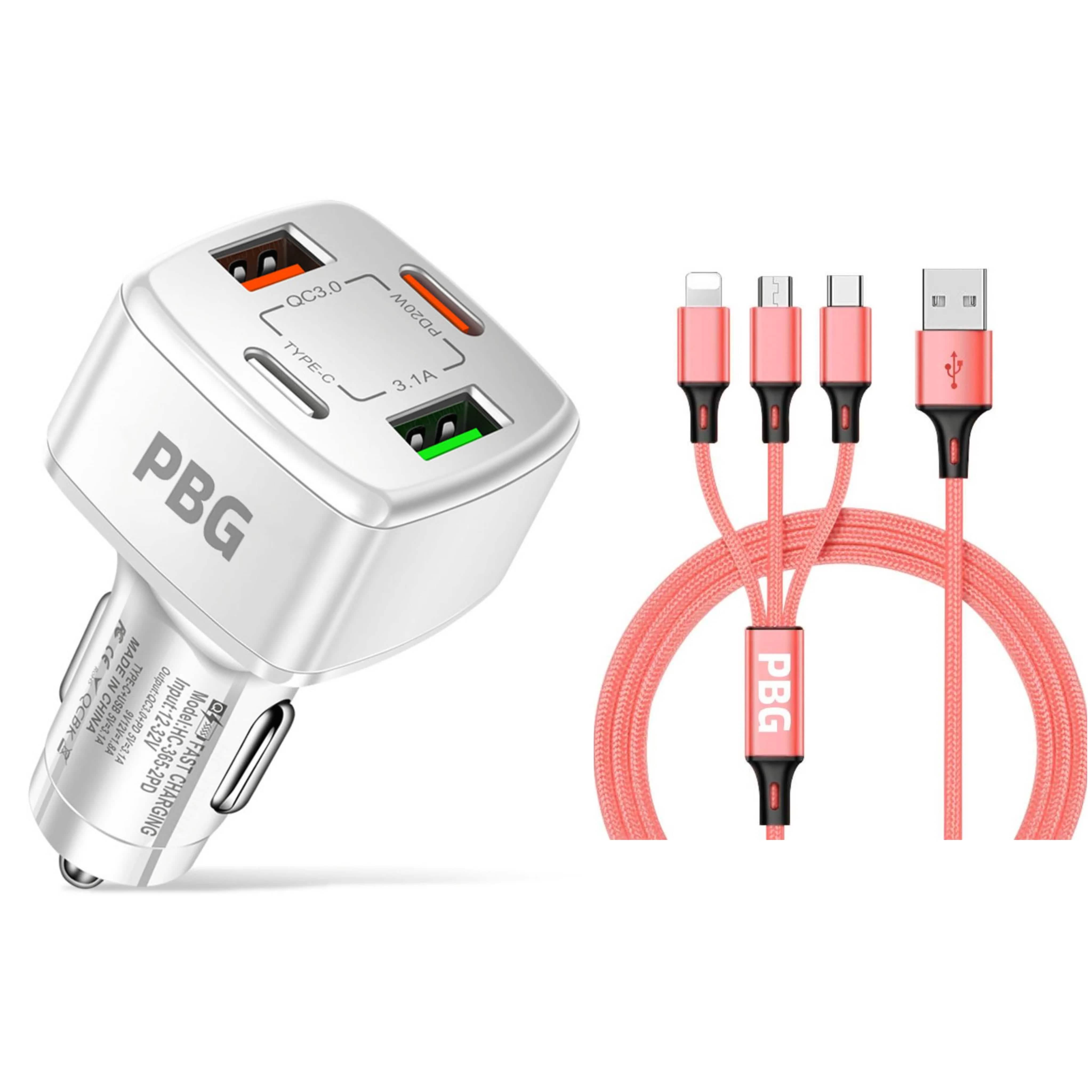 PBG 4 Port Car Charger and 4FT - 3 in 1 Nylon Cable Combo Automotive Pink - DailySale