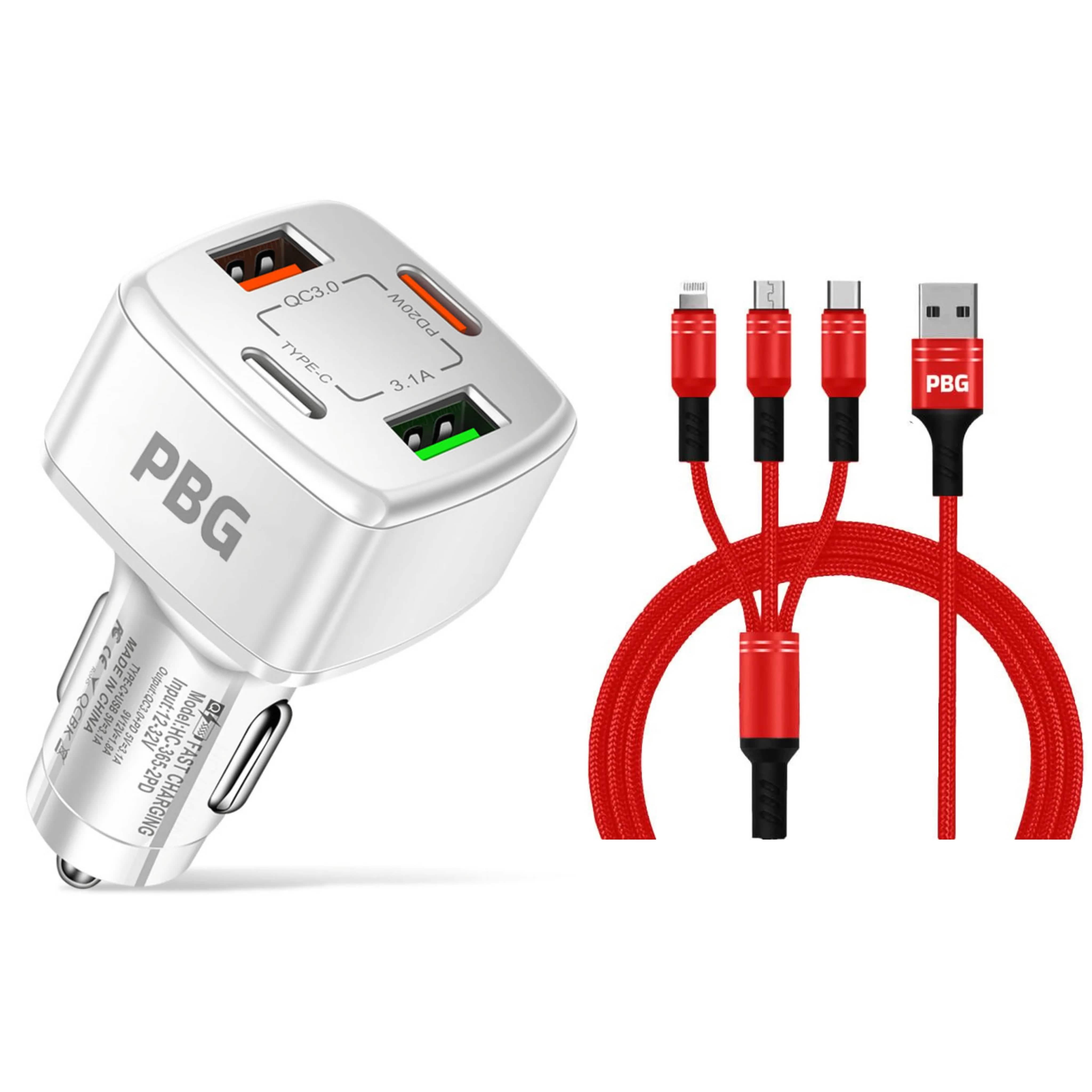 PBG 4 Port Car Charger and 4FT - 3 in 1 Nylon Cable Combo Automotive Red - DailySale