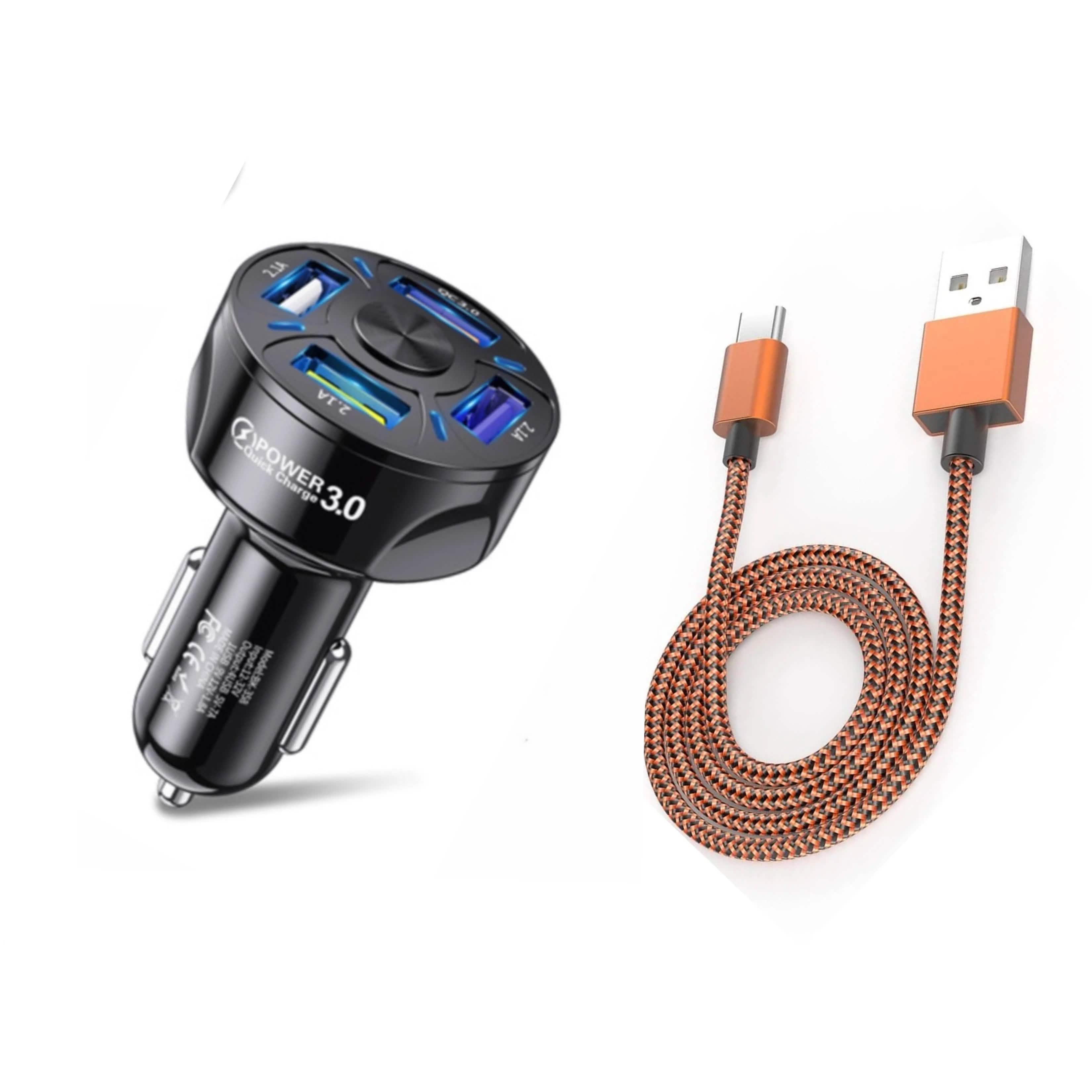 PBG 4 Port LED Car Charger and 10FT Orange Nylon Cable Combo Automotive Black - DailySale