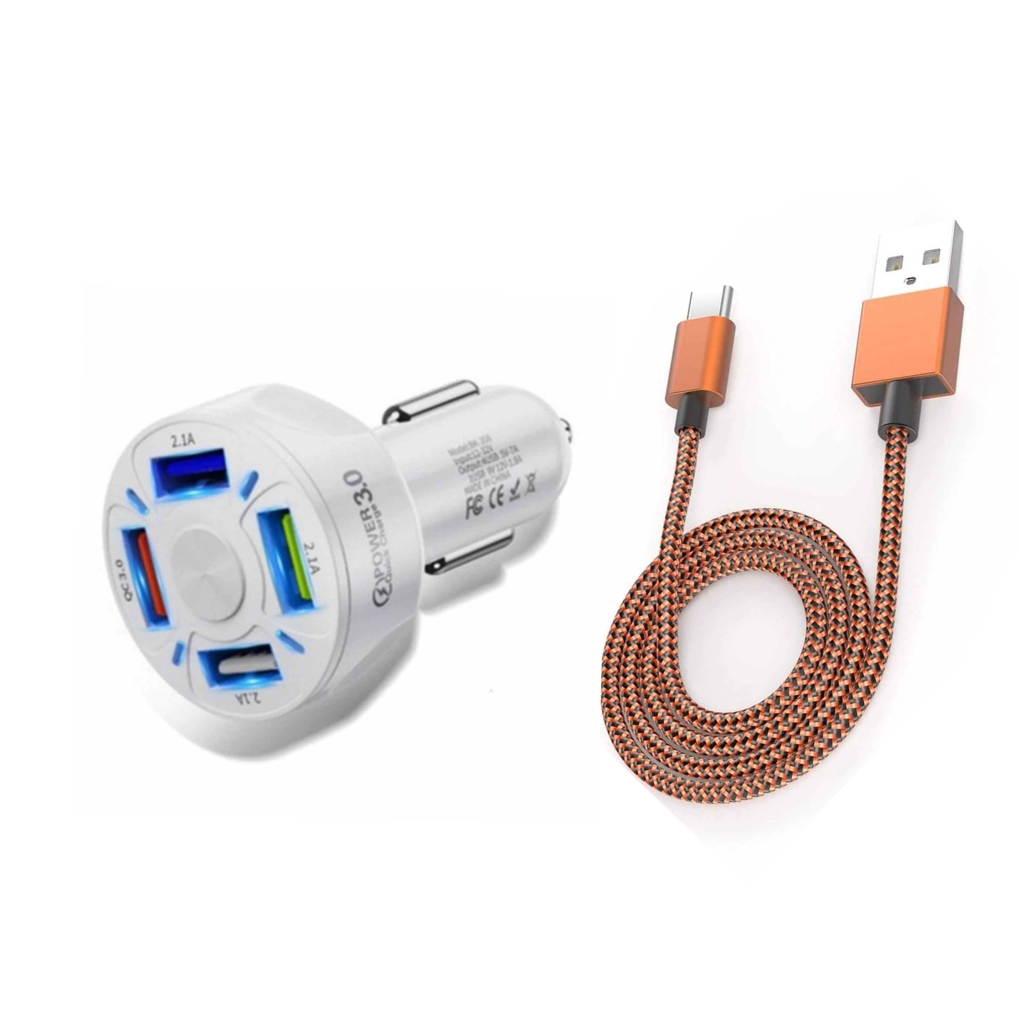 PBG 4 Port LED Car Charger and 10FT Orange Nylon Cable Combo Automotive White - DailySale