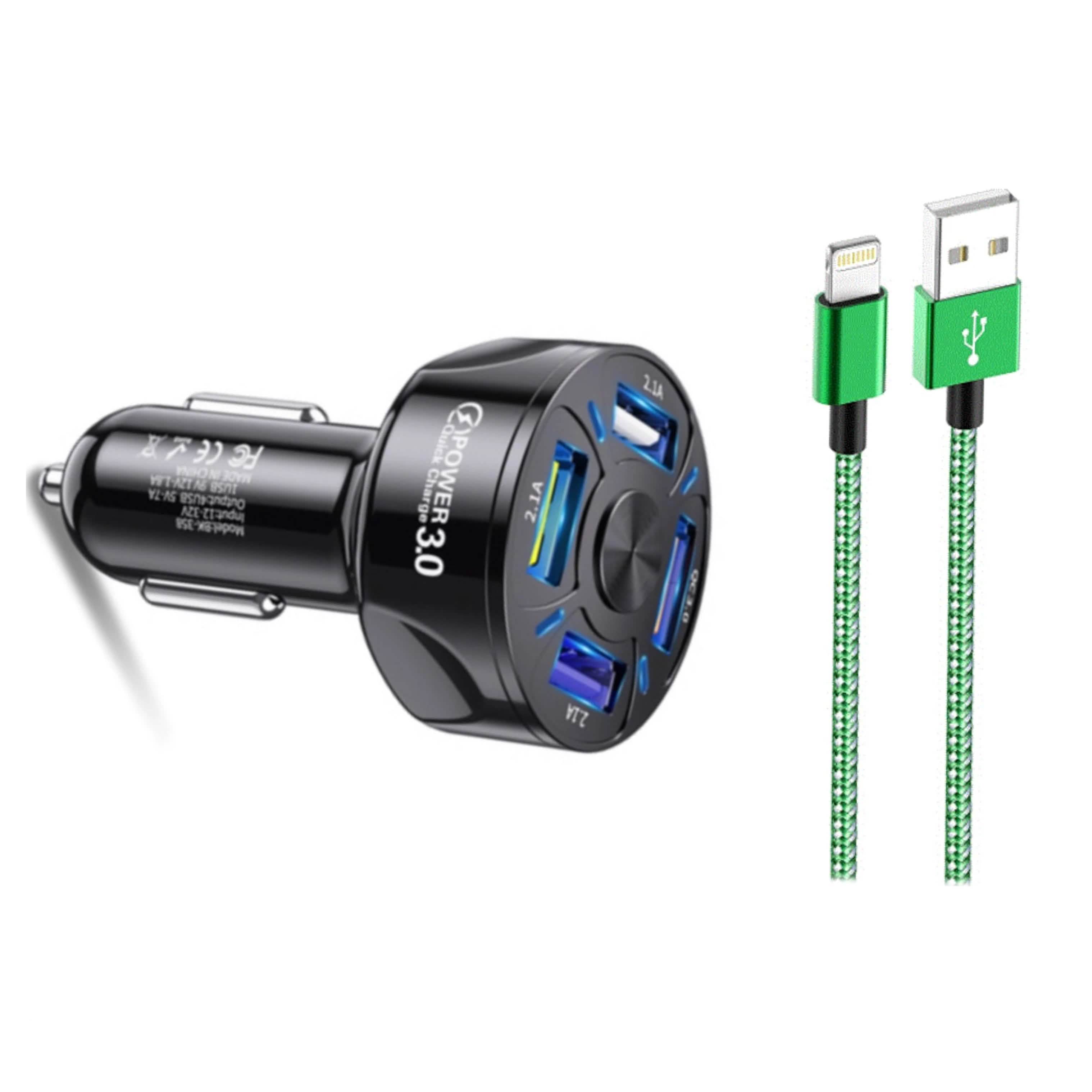 PBG 4 Port LED Car Charger and 6Ft. Lightning Cable Combo Automotive Black - DailySale