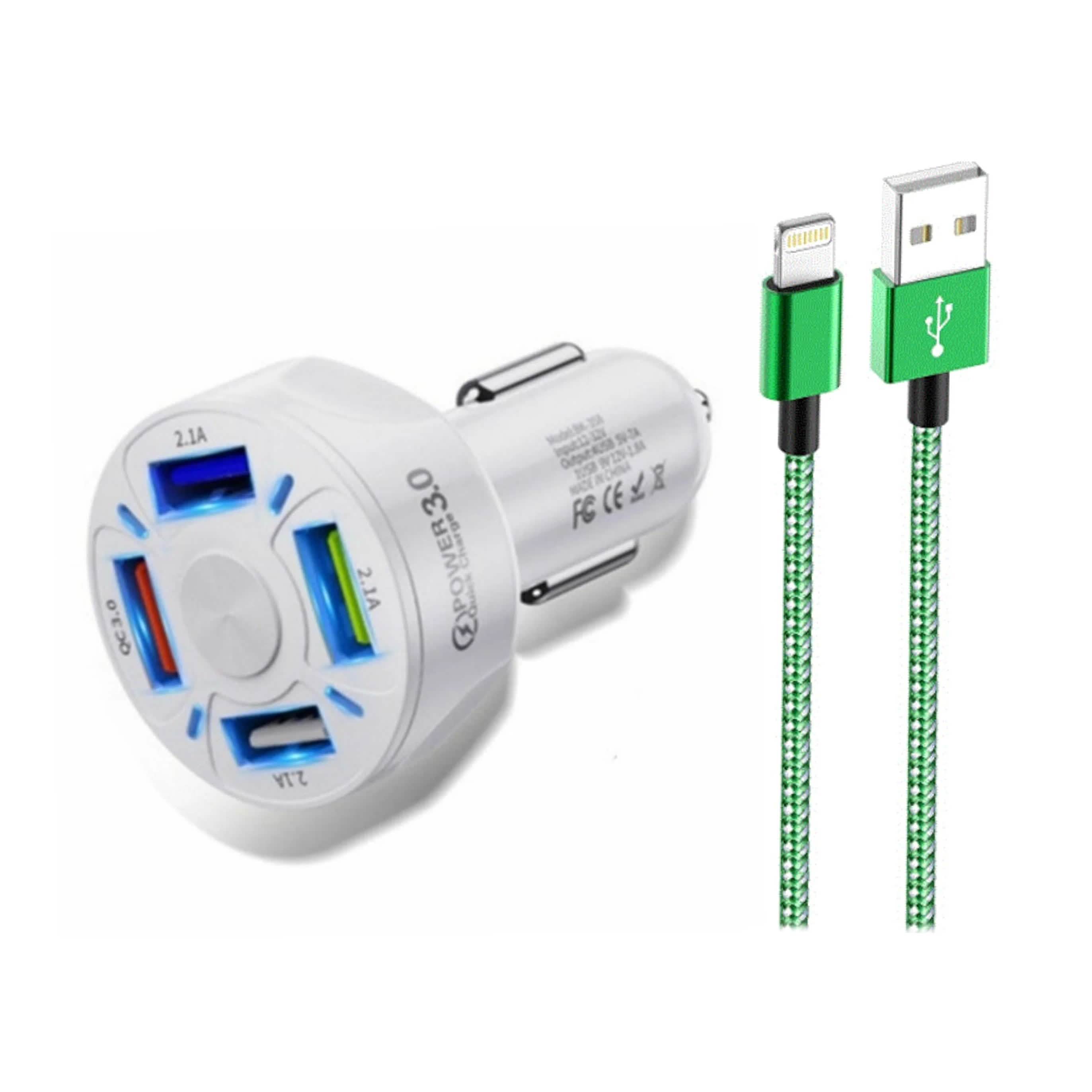 PBG 4 Port LED Car Charger and 6Ft. Lightning Cable Combo Automotive White - DailySale