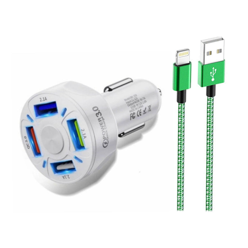 PBG 4 Port LED Car Charger and 6Ft. Lightning Cable Combo Automotive White - DailySale