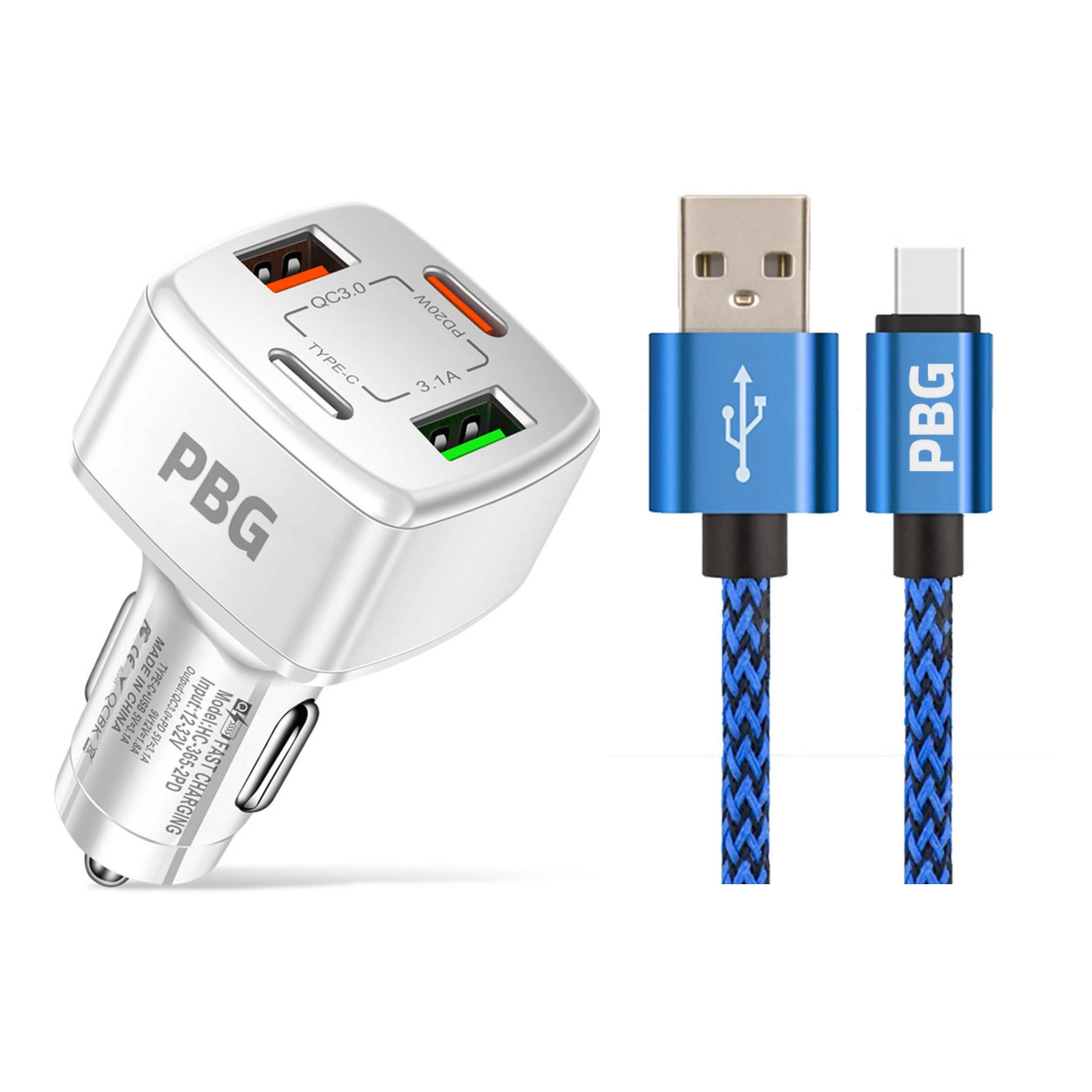 PBG 4 Port PD/USB Car Charger and 10Ft. Zebra Style Lightning Cable Bundle Automotive Blue - DailySale
