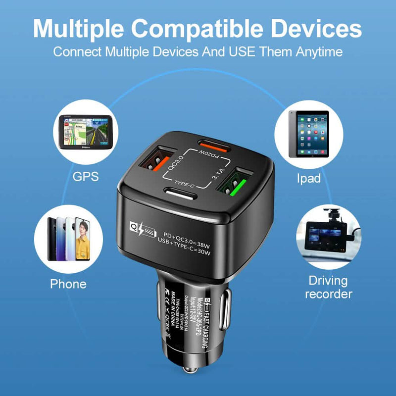 PBG 4-Port PD/USB Car Charger and 10FT Zebra Style Lightning Cable Bundle Automotive - DailySale