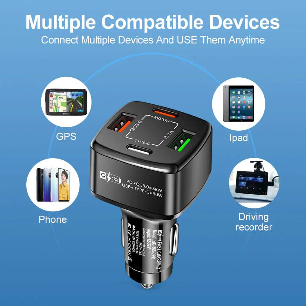 PBG 4 Port PD/USB Car Charger and 10Ft. Zebra Style Lightning Cable Bundle Automotive - DailySale