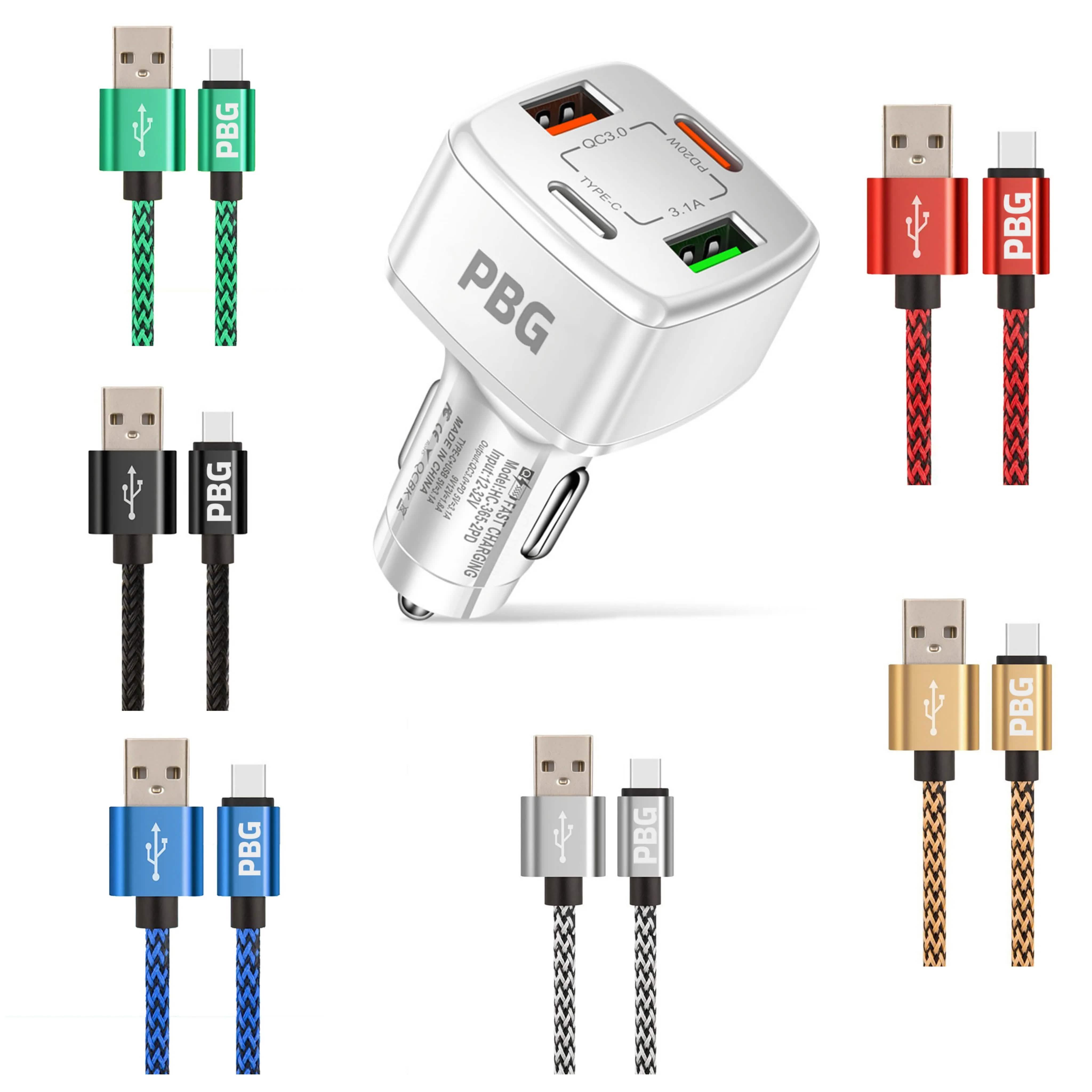 PBG 4 Port PD/USB Car Charger and 10Ft. Zebra Style Lightning Cable Bundle Automotive - DailySale