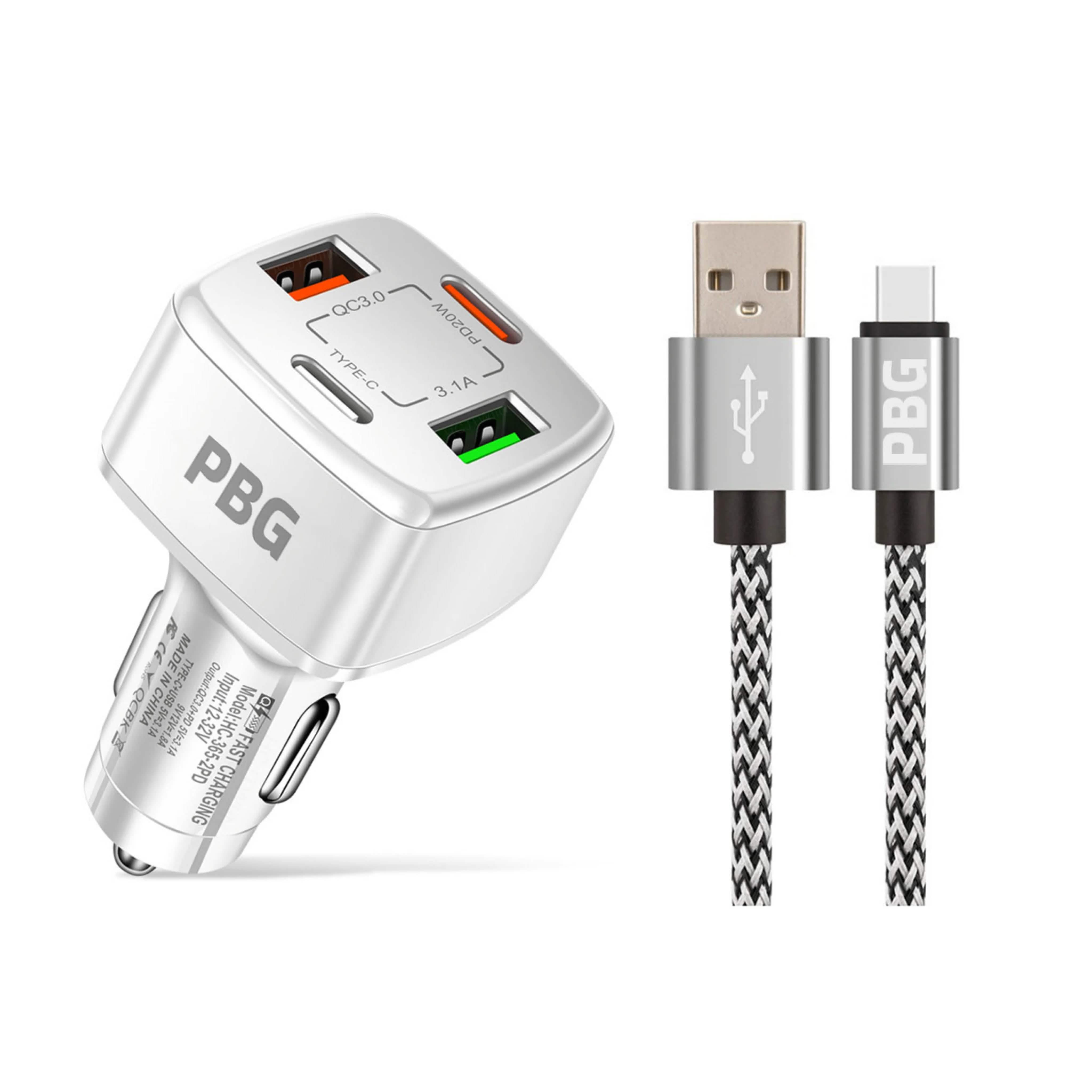 PBG 4 Port PD/USB Car Charger and 10Ft. Zebra Style Lightning Cable Bundle Automotive Silver - DailySale