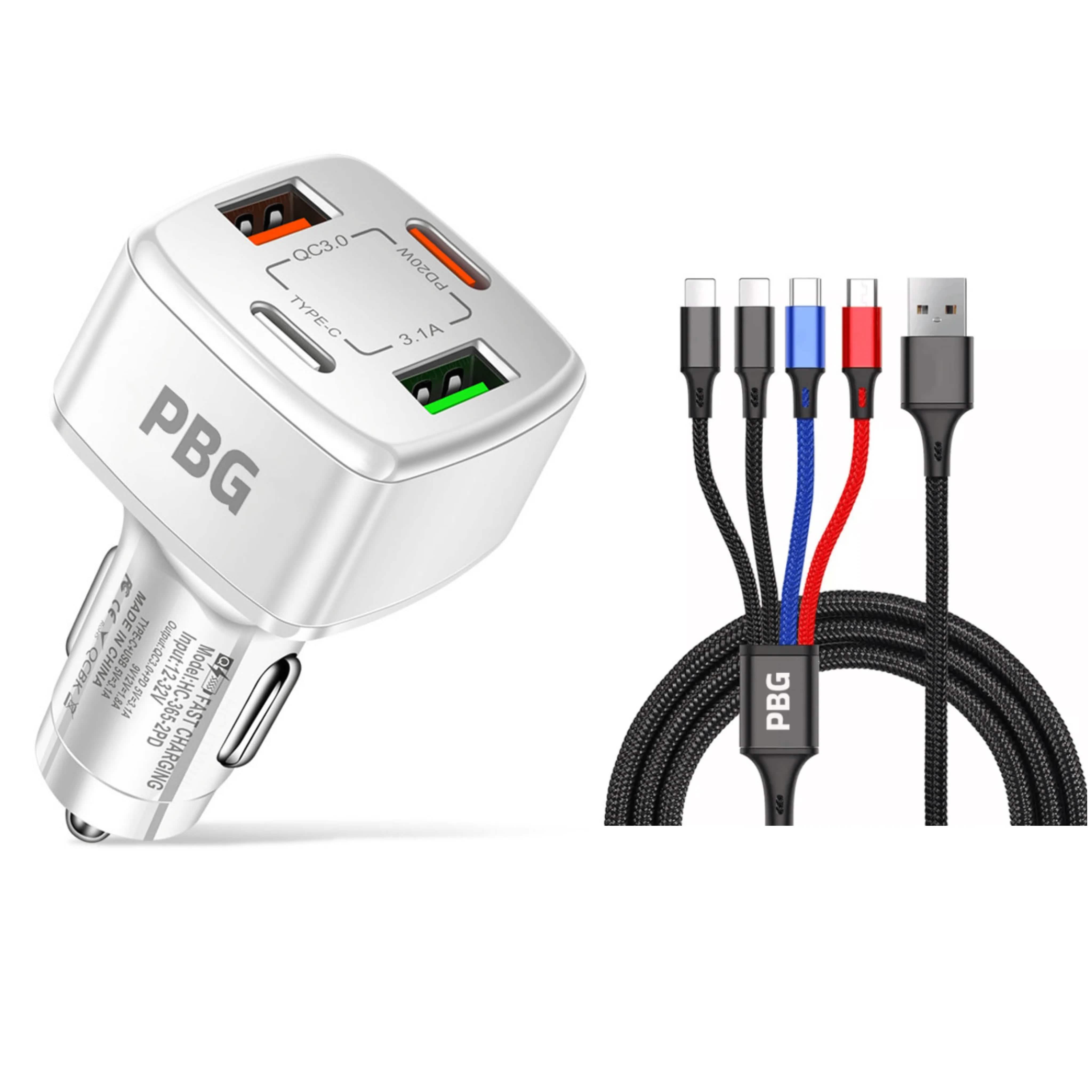 PBG 4 Port PD/USB Car Charger and 4 in 1 Nylon Cable Bundle Automotive White - DailySale