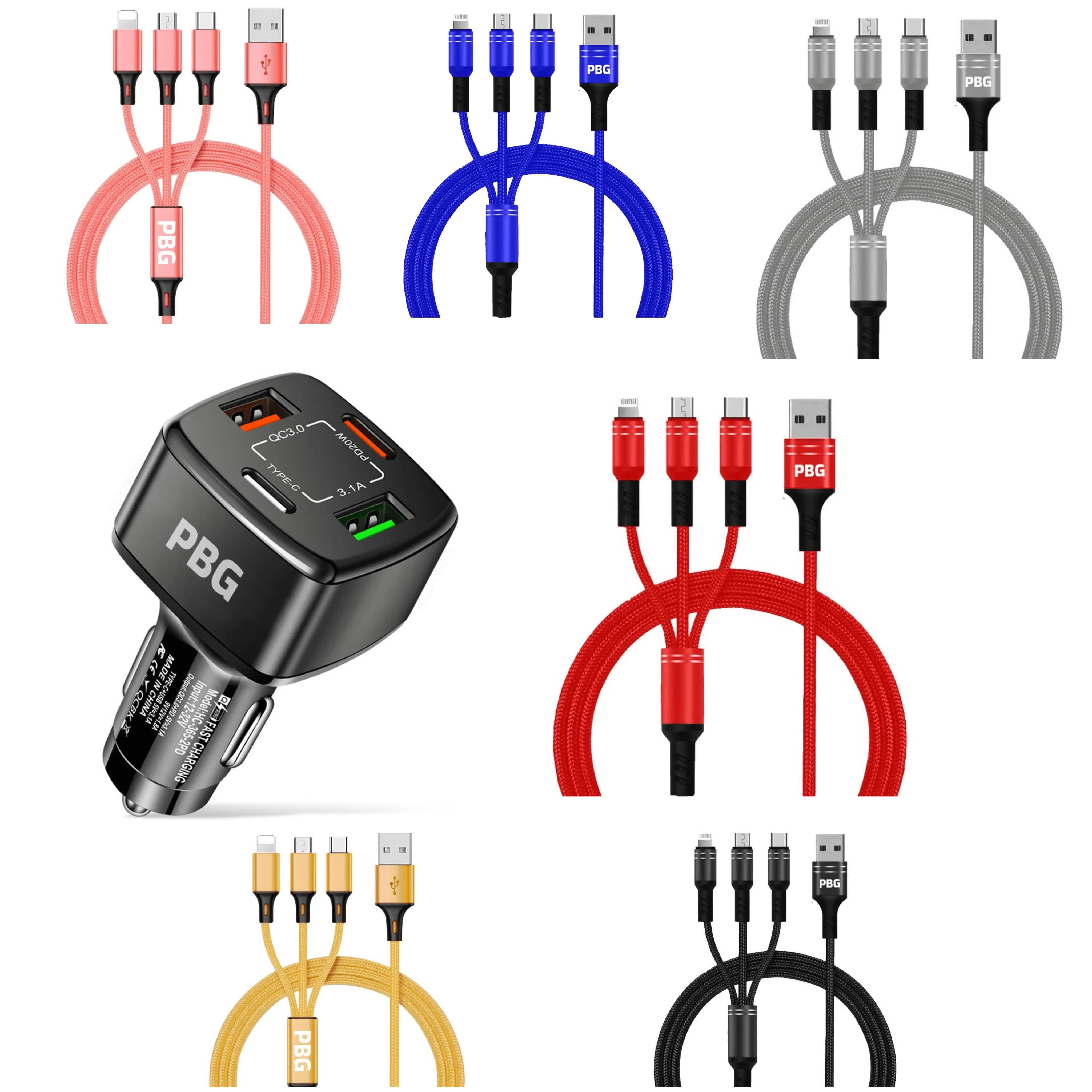 PBG Black 4 Port Car Charger and 4FT - 3 in 1 Nylon Cable Combo Automotive - DailySale