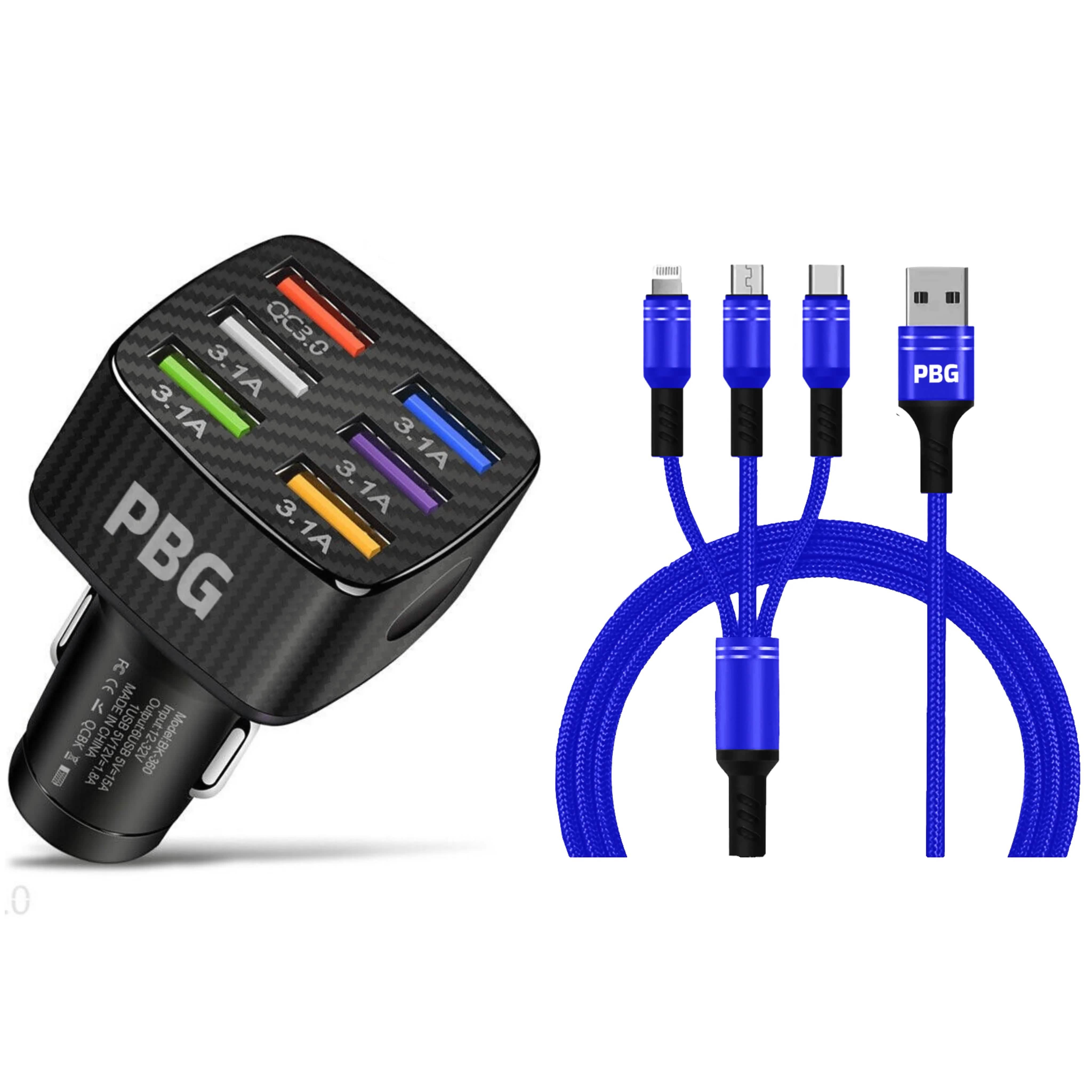PBG Black LED 6 Port Car Charger and 4FT- 3 In 1 Cable Combo Automotive Blue - DailySale