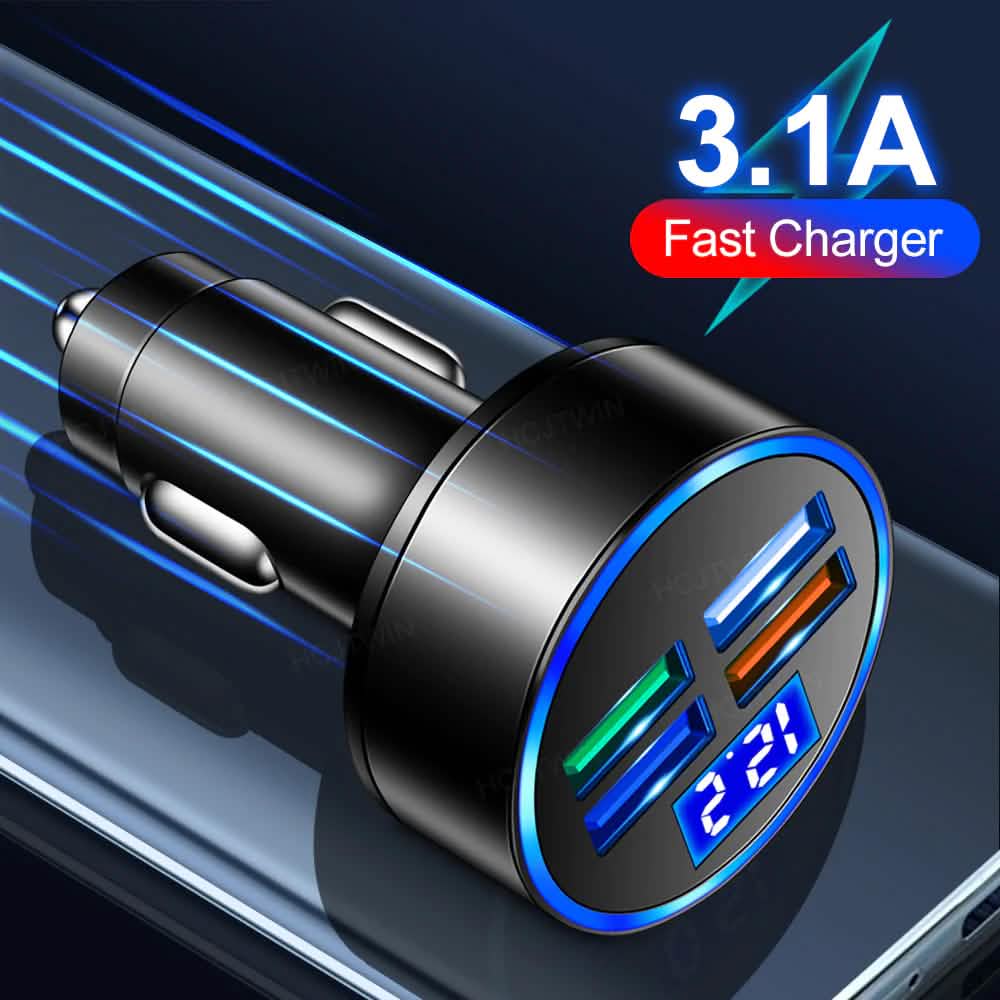 PBG LED 4 Port Car Charger Voltage Display and 3-in-1 Cable Bundle Automotive - DailySale