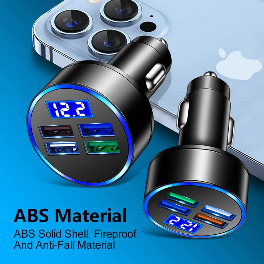 PBG LED 4 Port Car Charger Voltage Display and 3-in-1 Cable Bundle Automotive - DailySale