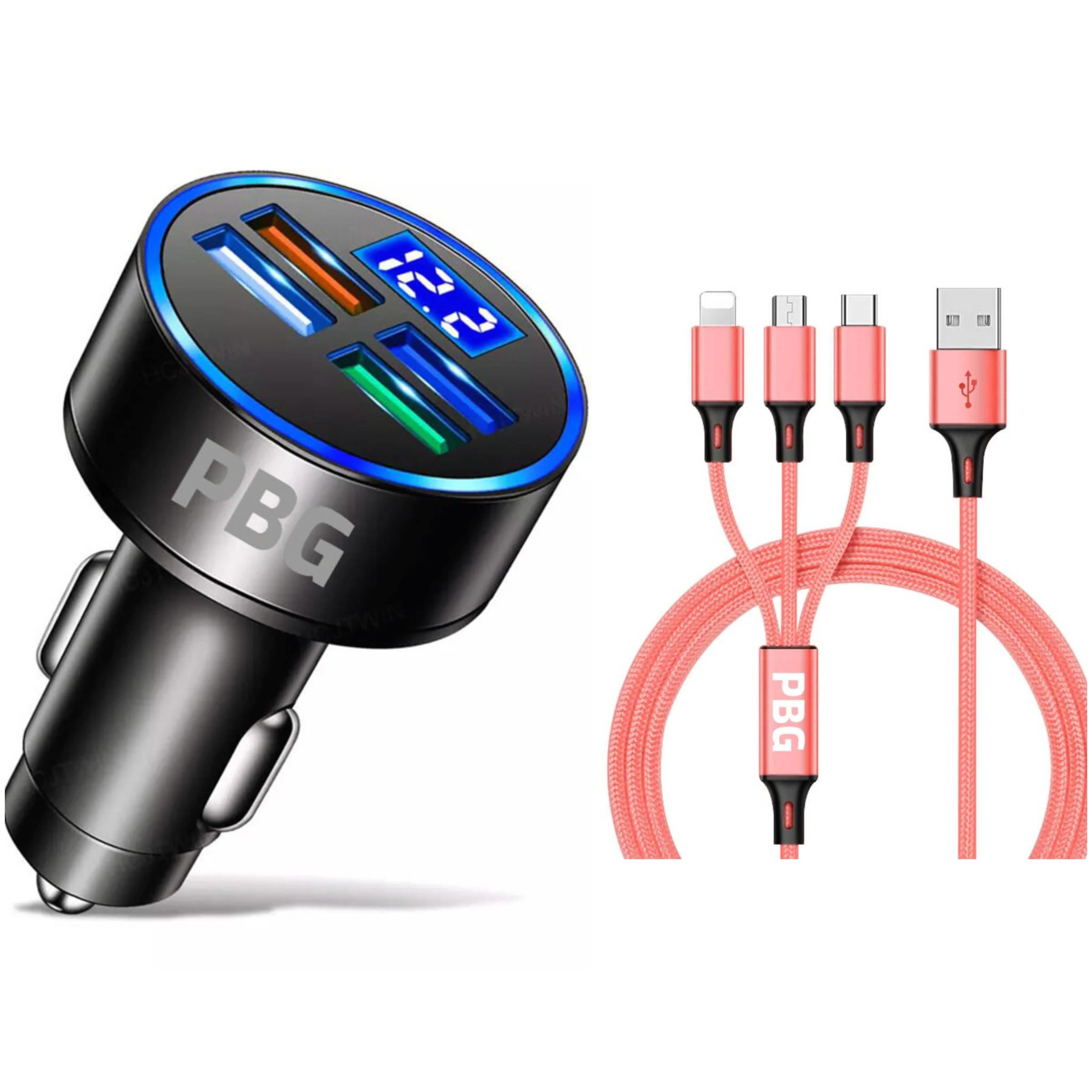 PBG LED 4 Port Car Charger Voltage Display and 3-in-1 Cable Bundle Automotive Pink - DailySale