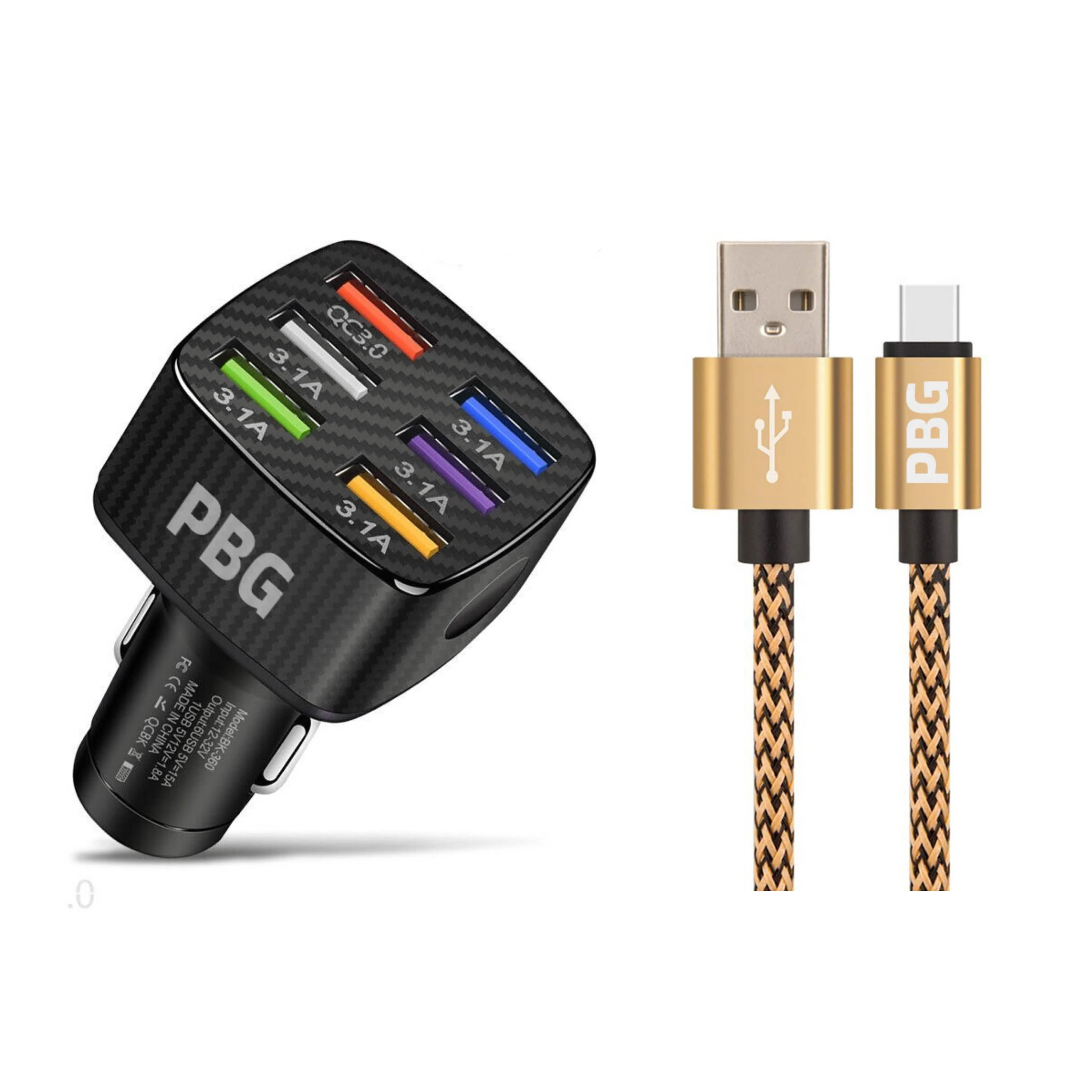 PBG LED 6 Port Car Charger and 10Ft. XL Zebra Lightning Cable Combo Automotive Gold - DailySale