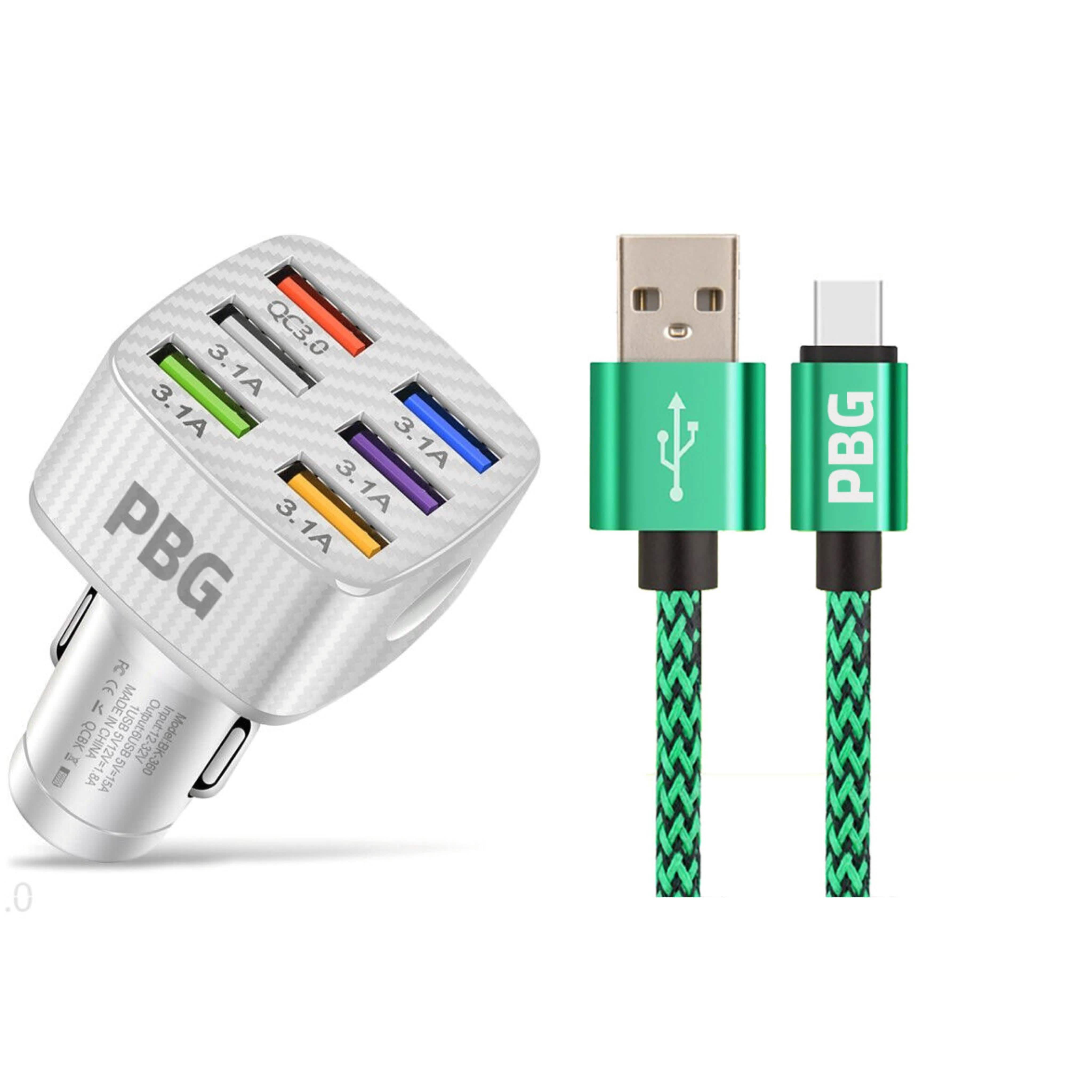 PBG LED 6-Port Car Charger and 10FT XL Zebra Lightning Cable Combo Automotive Green - DailySale