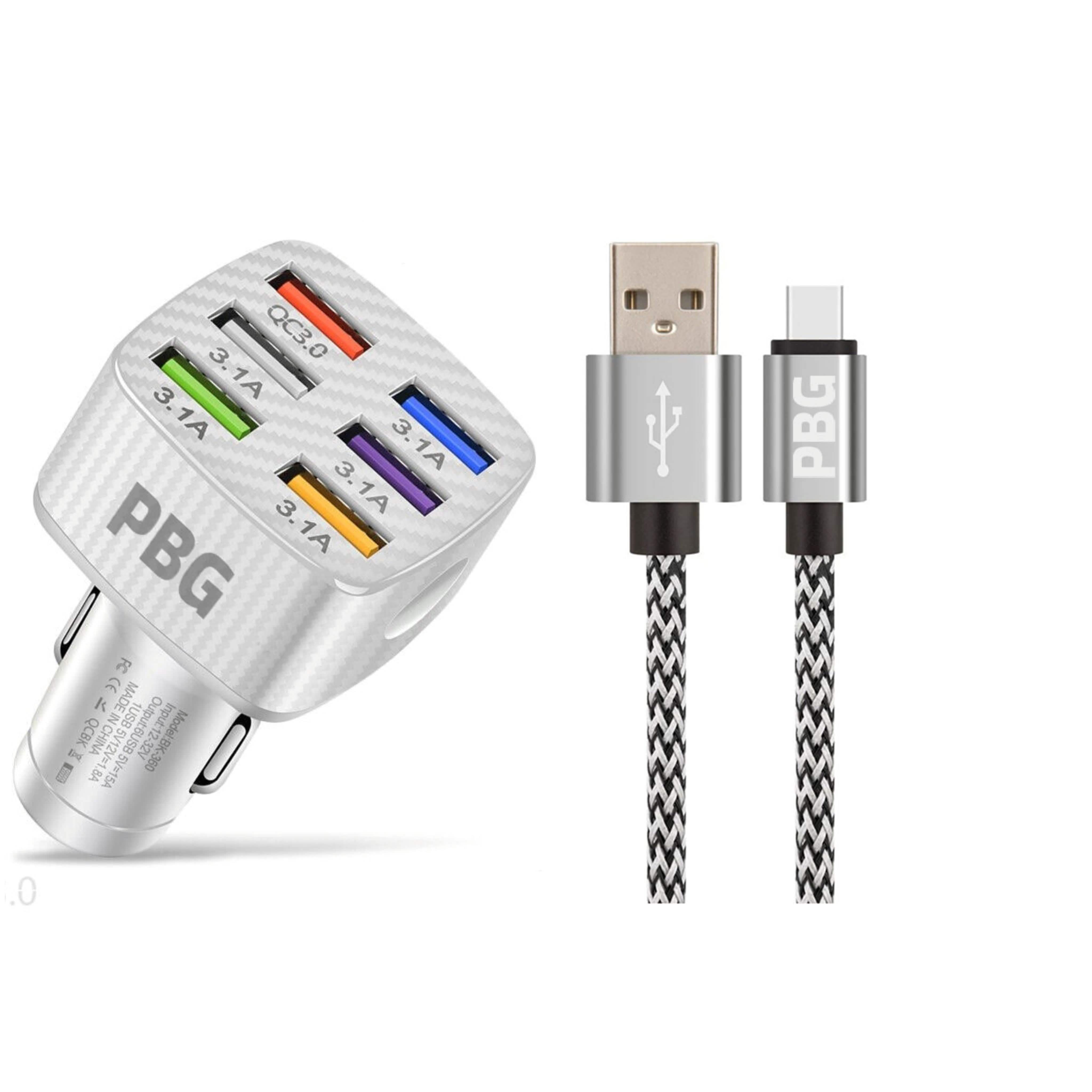 PBG LED 6-Port Car Charger and 10FT XL Zebra Lightning Cable Combo Automotive Silver - DailySale