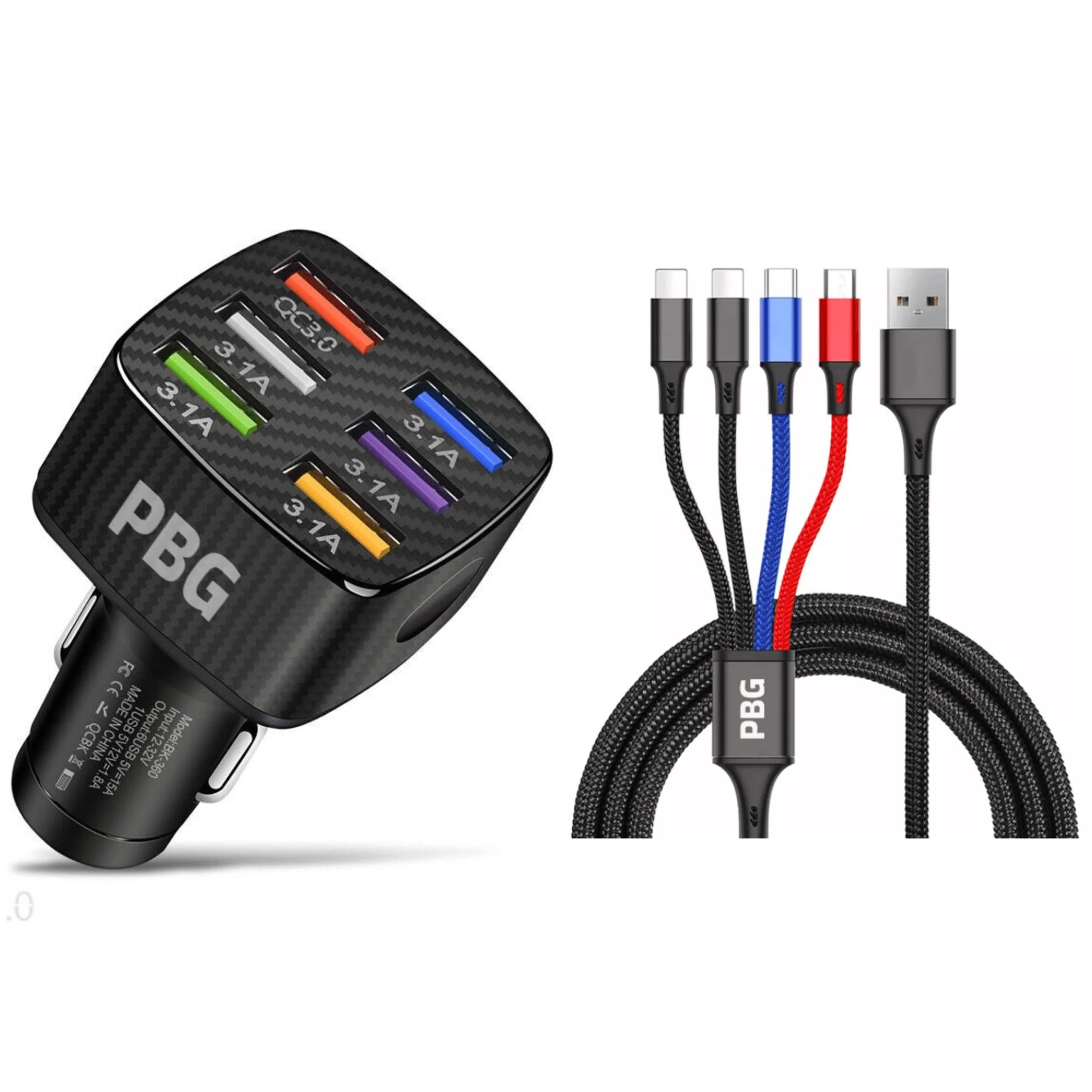 PBG LED 6-Port Car Charger and 4 in 1 Nylon Charging Cable Bundle Automotive Black - DailySale
