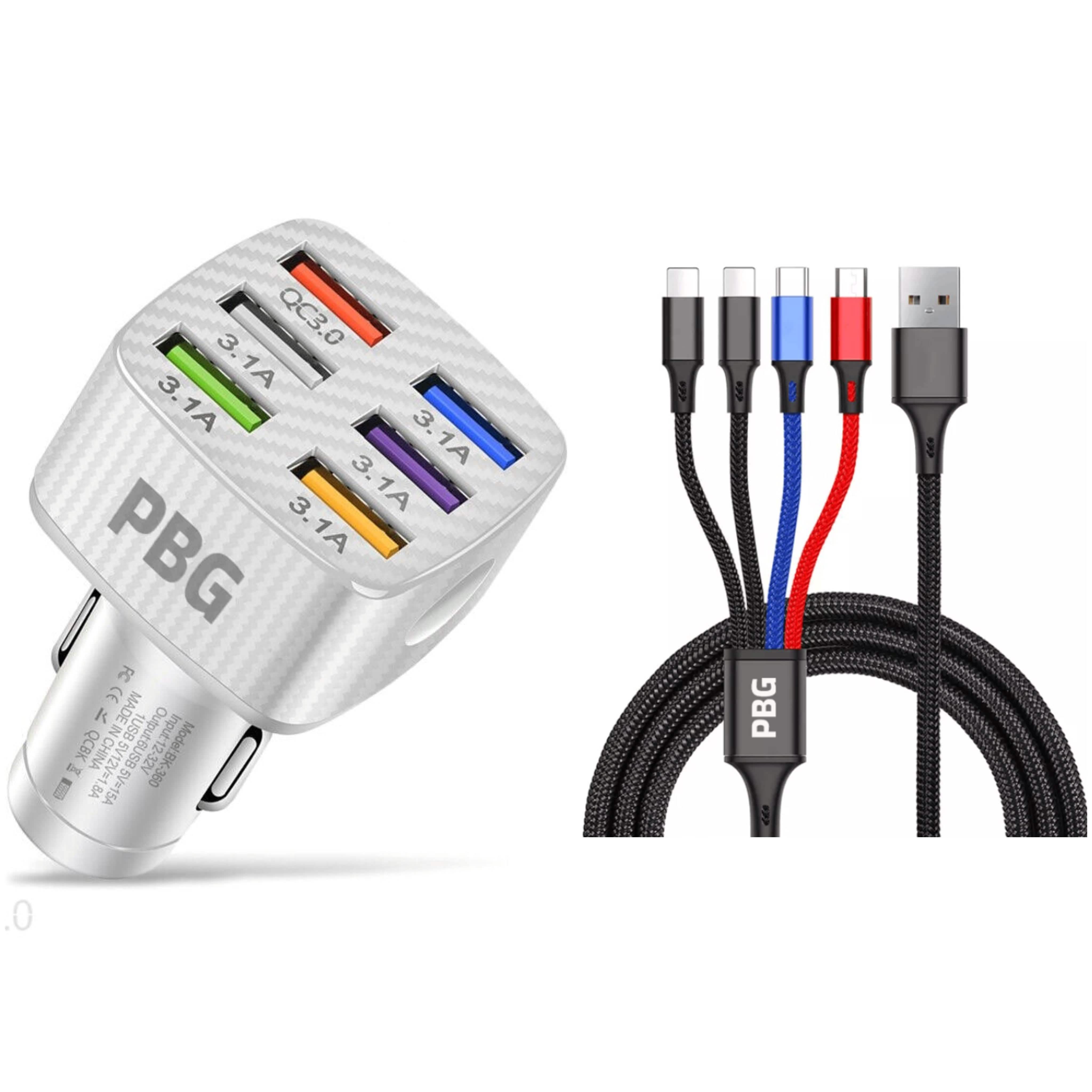 PBG LED 6-Port Car Charger and 4 in 1 Nylon Charging Cable Bundle Automotive White - DailySale