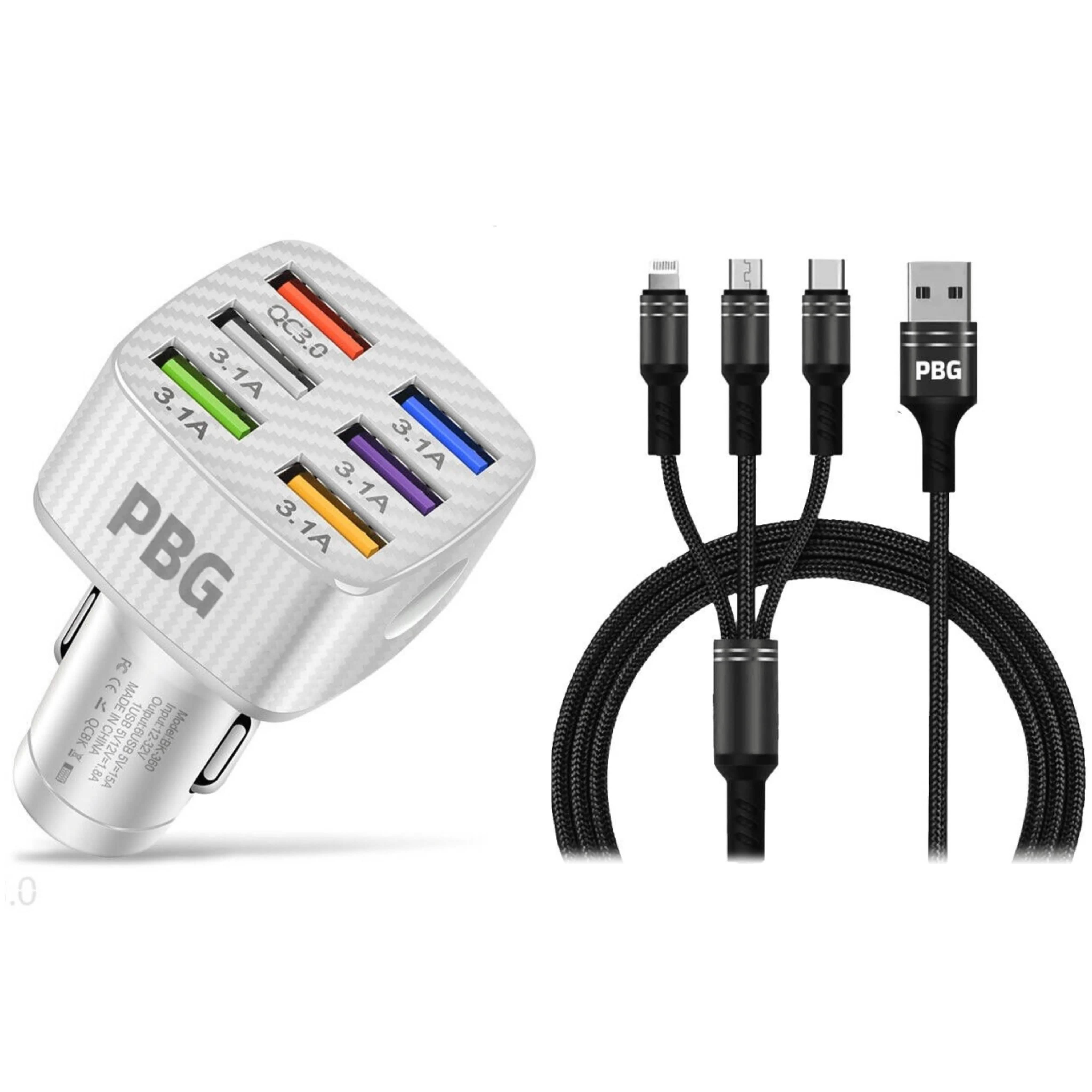 PBG LED 6 Port Car Charger and 4Ft. 3-in-1 Cable Combo Automotive Black - DailySale