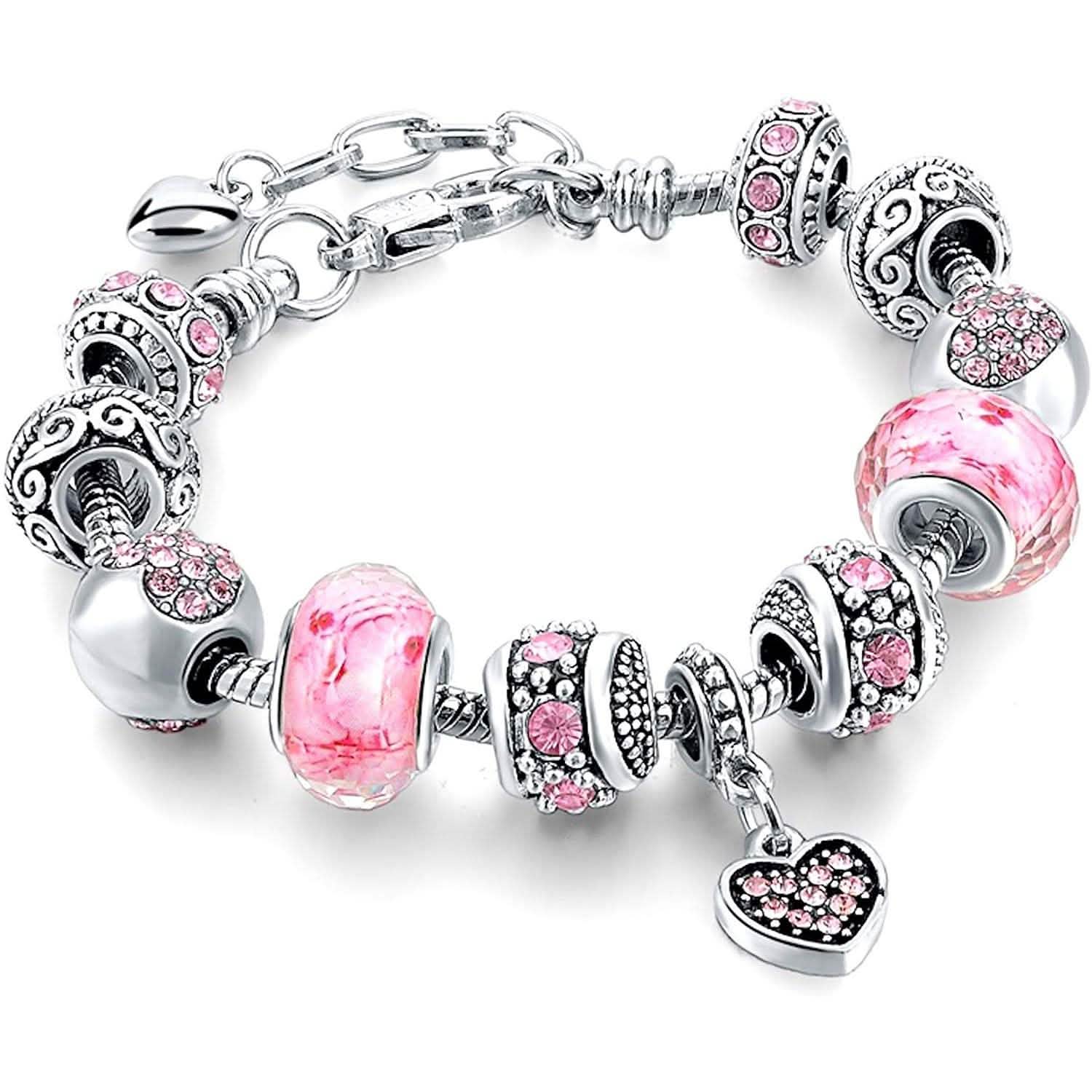 Pink Crystal Love Heart Bead Glass Charm Bracelet with Extender Bracelets - DailySale
