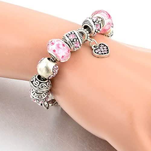 Pink Crystal Love Heart Bead Glass Charm Bracelet with Extender Bracelets - DailySale