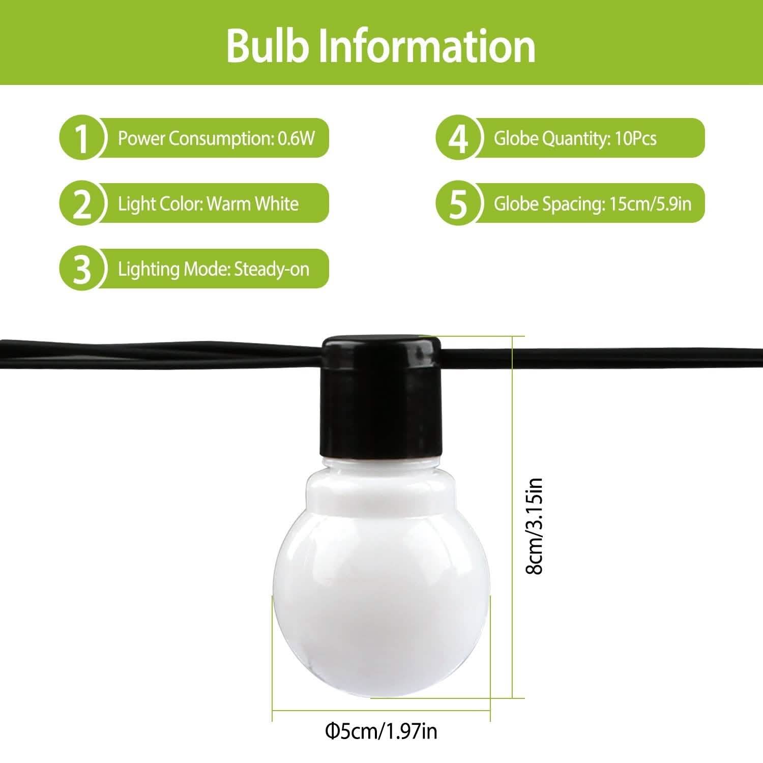 Plug-in Globe String Light Warm White Fairy Light Bulbs Outdoor Lighting - DailySale