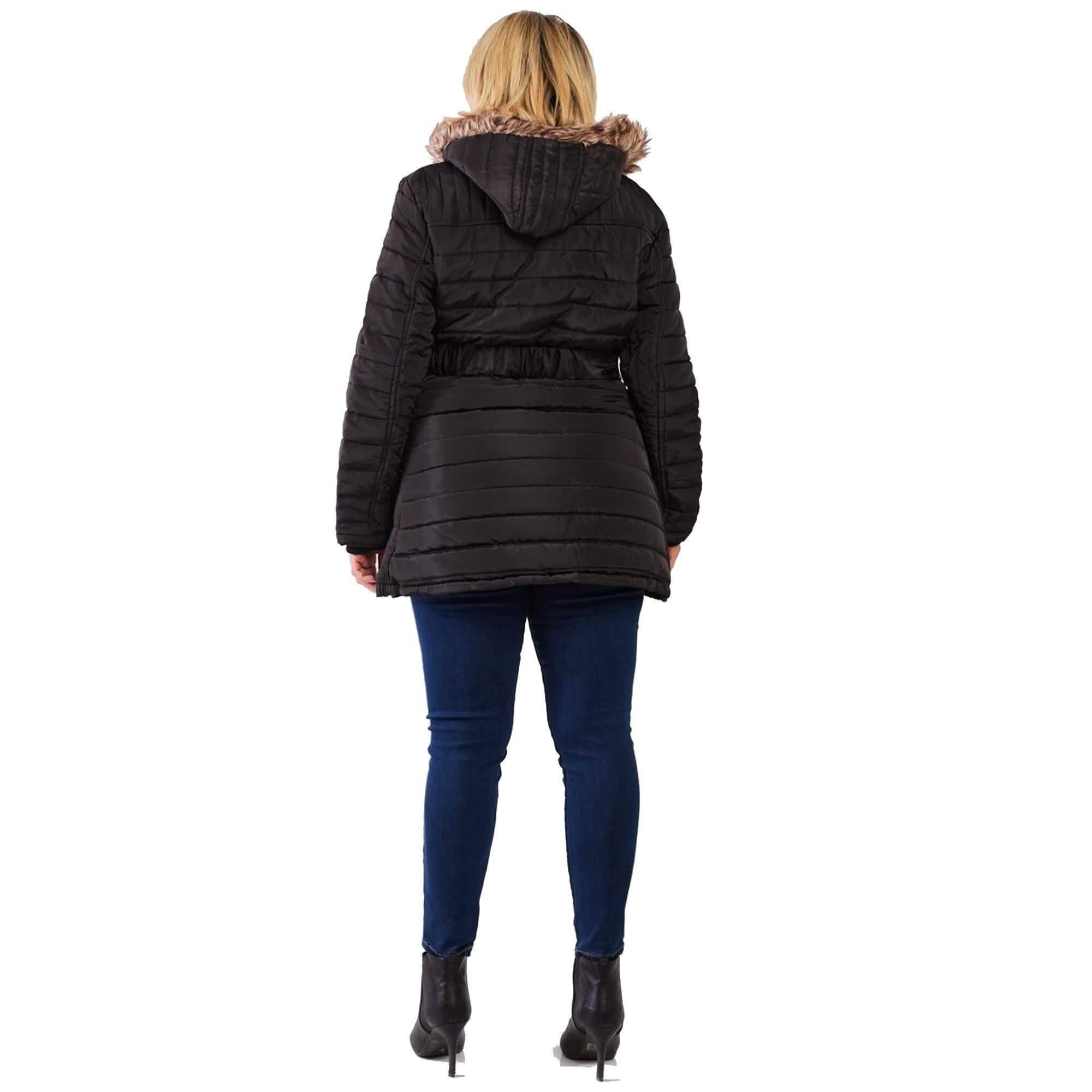 Plus Parallel Quilt Faux Fur Hood Belted Padded Long Puffer Jacket Women's Outerwear - DailySale