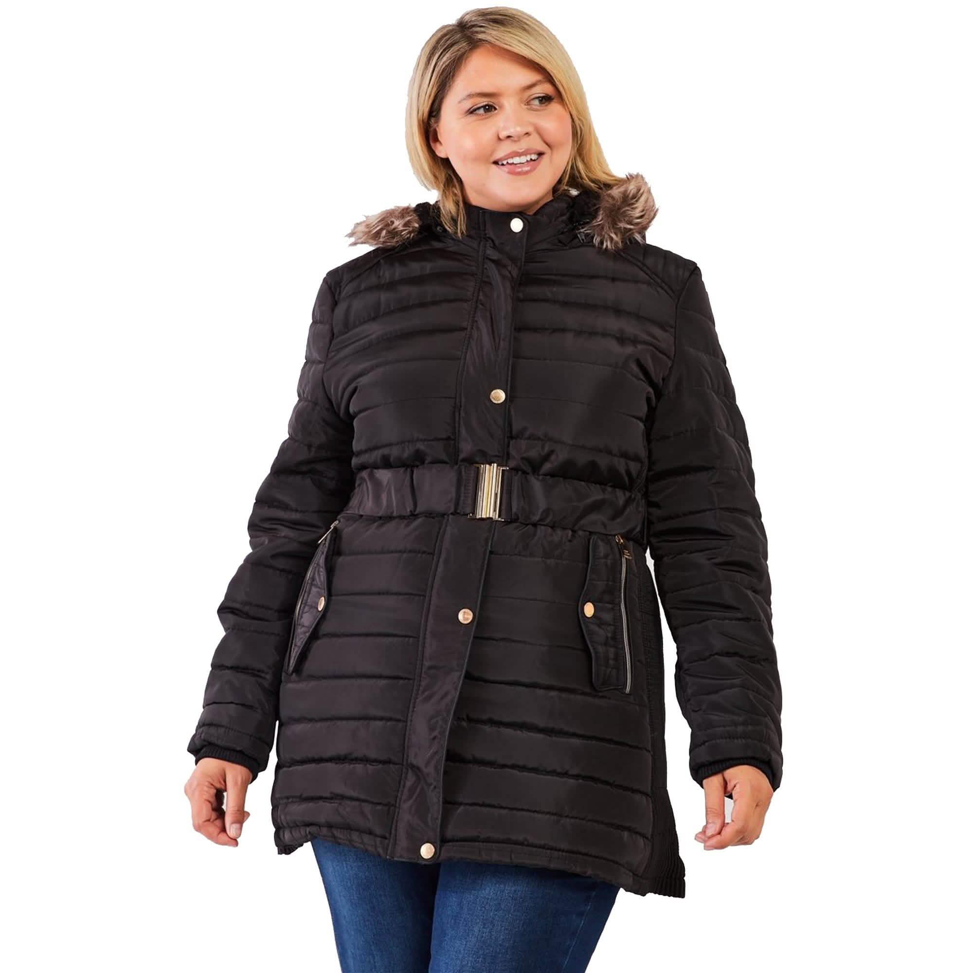 Plus Parallel Quilt Faux Fur Hood Belted Padded Long Puffer Jacket Women's Outerwear - DailySale