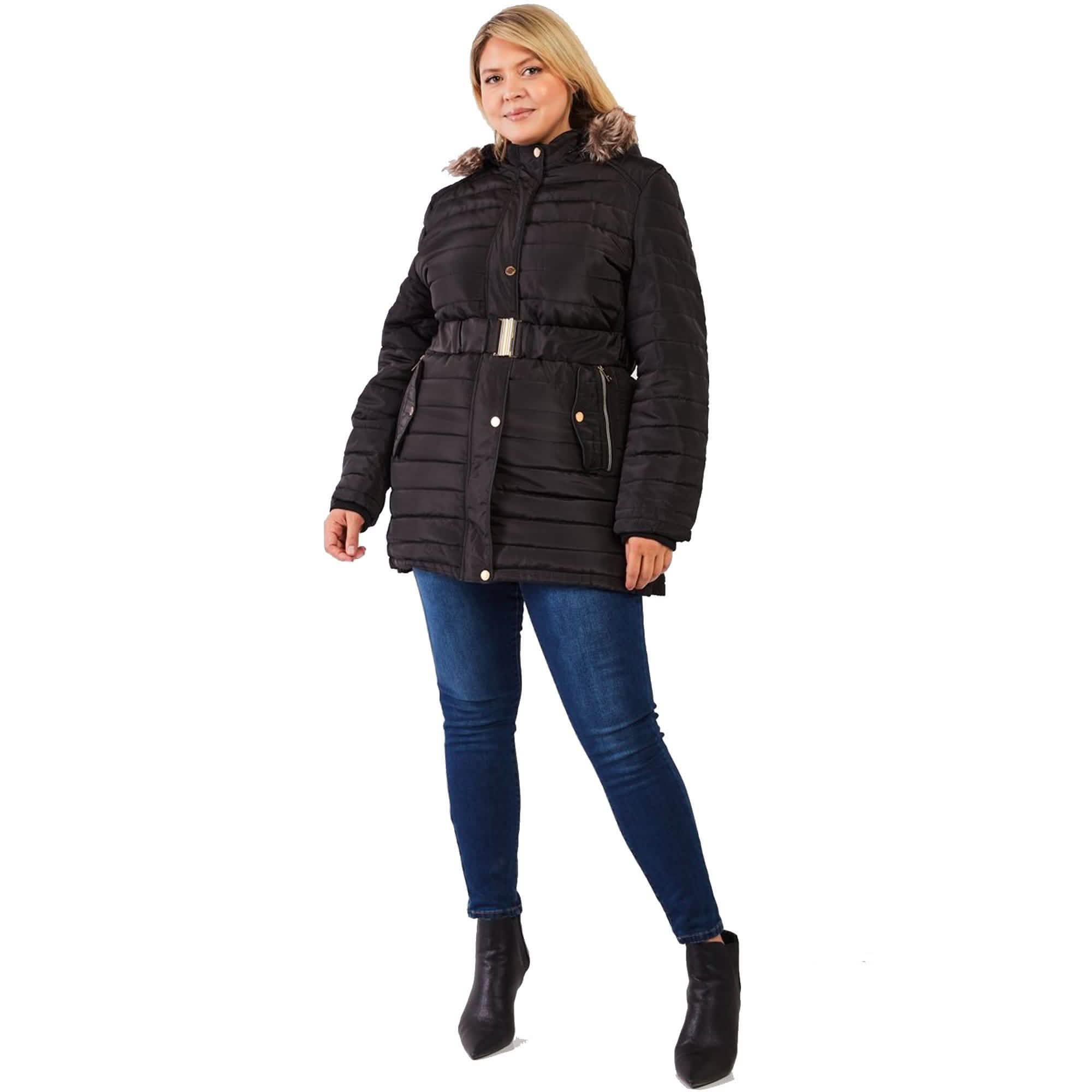 Plus Parallel Quilt Faux Fur Hood Belted Padded Long Puffer Jacket Women's Outerwear - DailySale