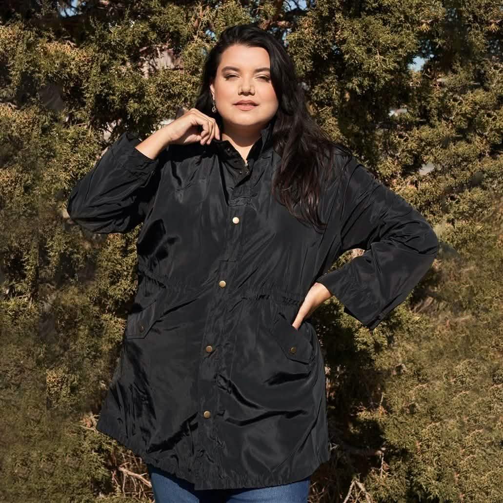 Plus Size Glossy Drawstring Hem Button-Down Coach Jacket Women's Outerwear S - DailySale