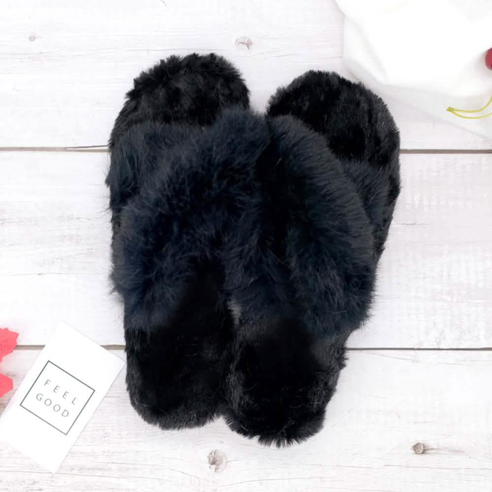 Plush Cross Band Slippers Women's Apparel Black 6 - DailySale