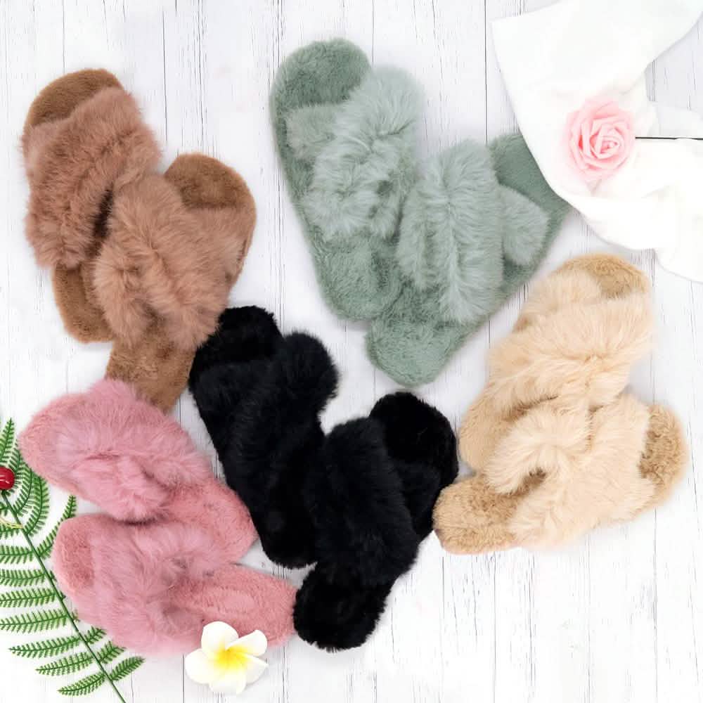 Plush Cross Band Slippers Women's Apparel - DailySale