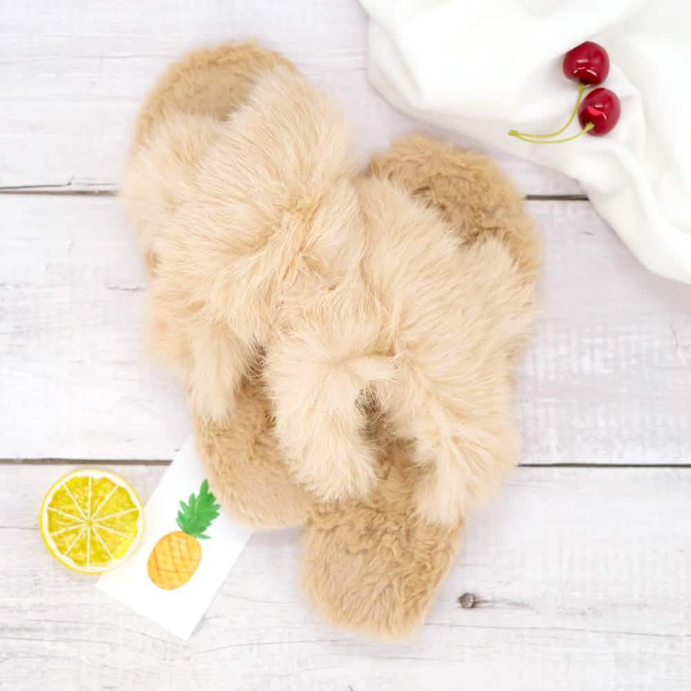 Plush Cross Band Slippers Women's Apparel Nude 6 - DailySale