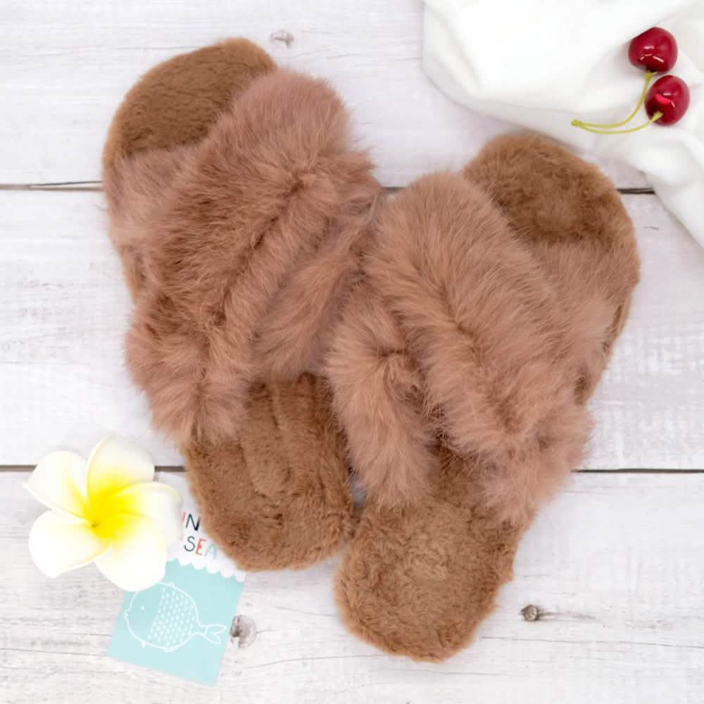 Plush Cross Band Slippers Women's Apparel Taupe 6 - DailySale