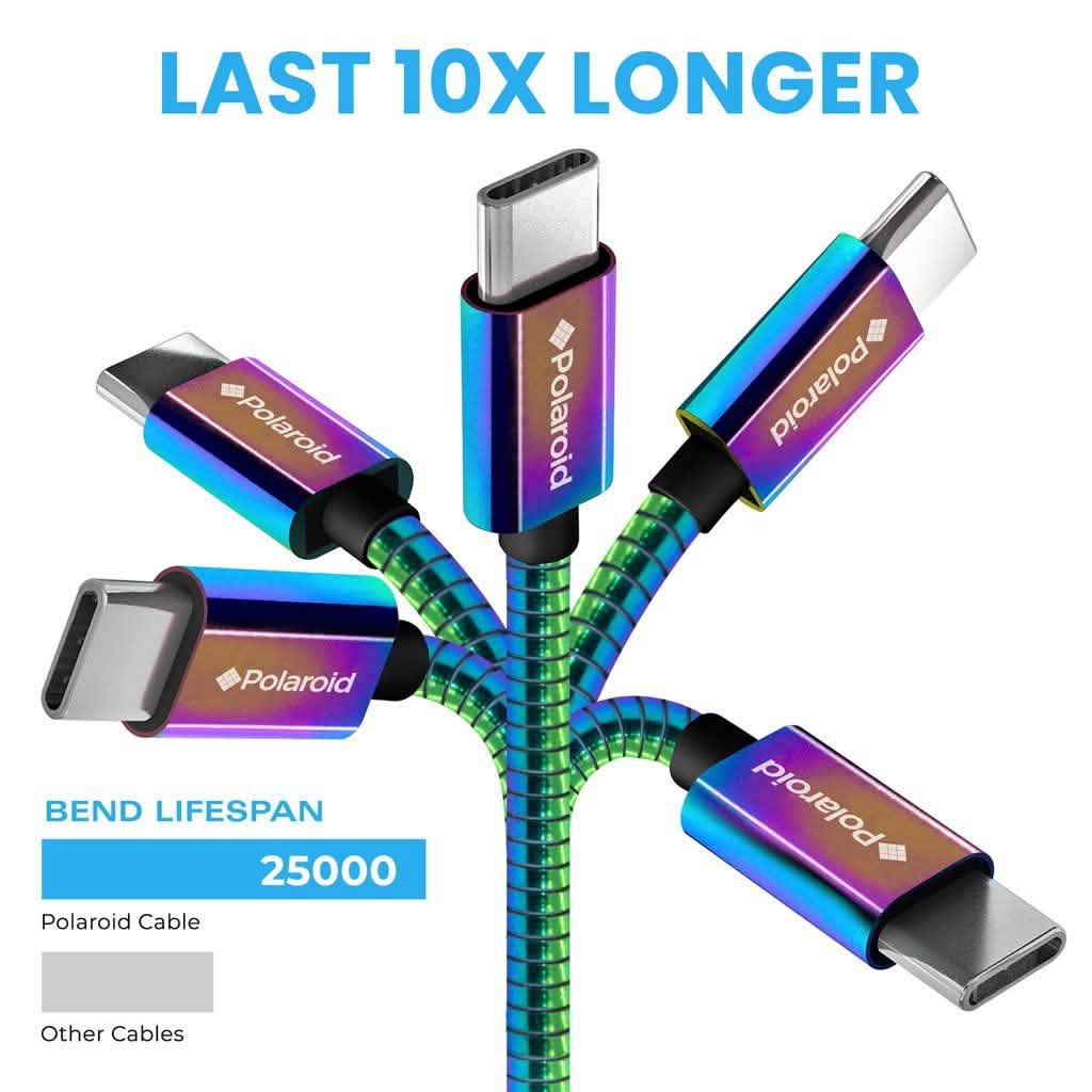 Polaroid USB Type-C Cable 5Ft | USB C Spiral Metal Cable with Aluminum Housing for Android Devices - Iridescent Mobile Accessories - DailySale