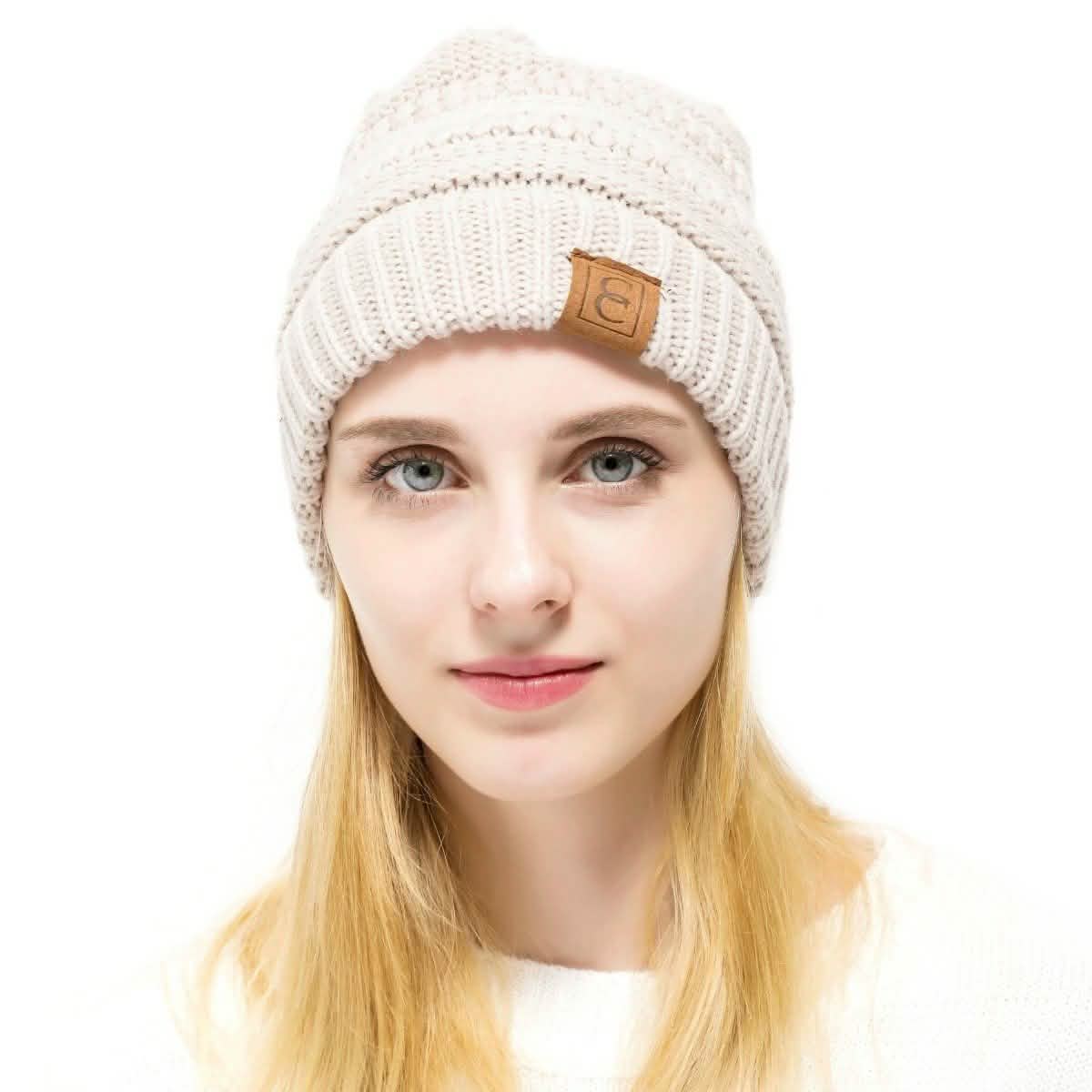 Popular CC Chic Winter Beanie Hat Women's Apparel Beige - DailySale