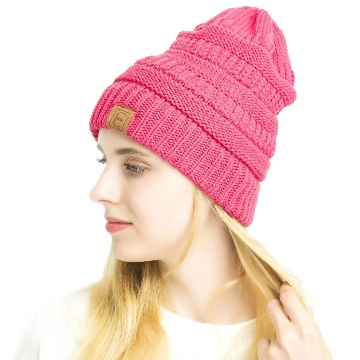 Popular CC Chic Winter Beanie Hat Women's Apparel Dark Pink - DailySale