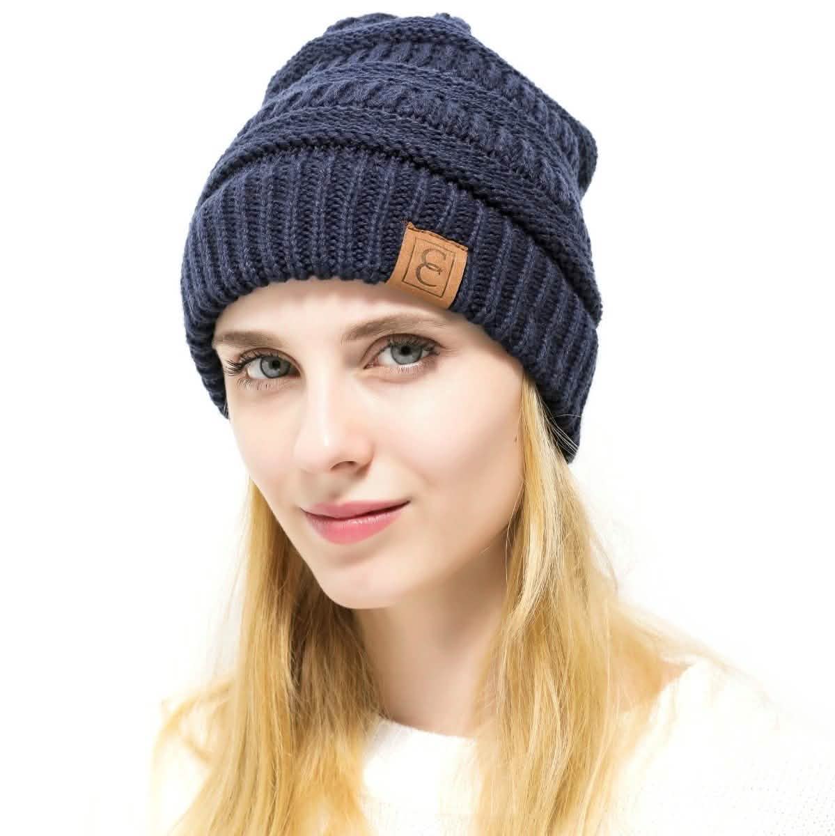 Popular CC Chic Winter Beanie Hat Women's Apparel Navy Blue - DailySale