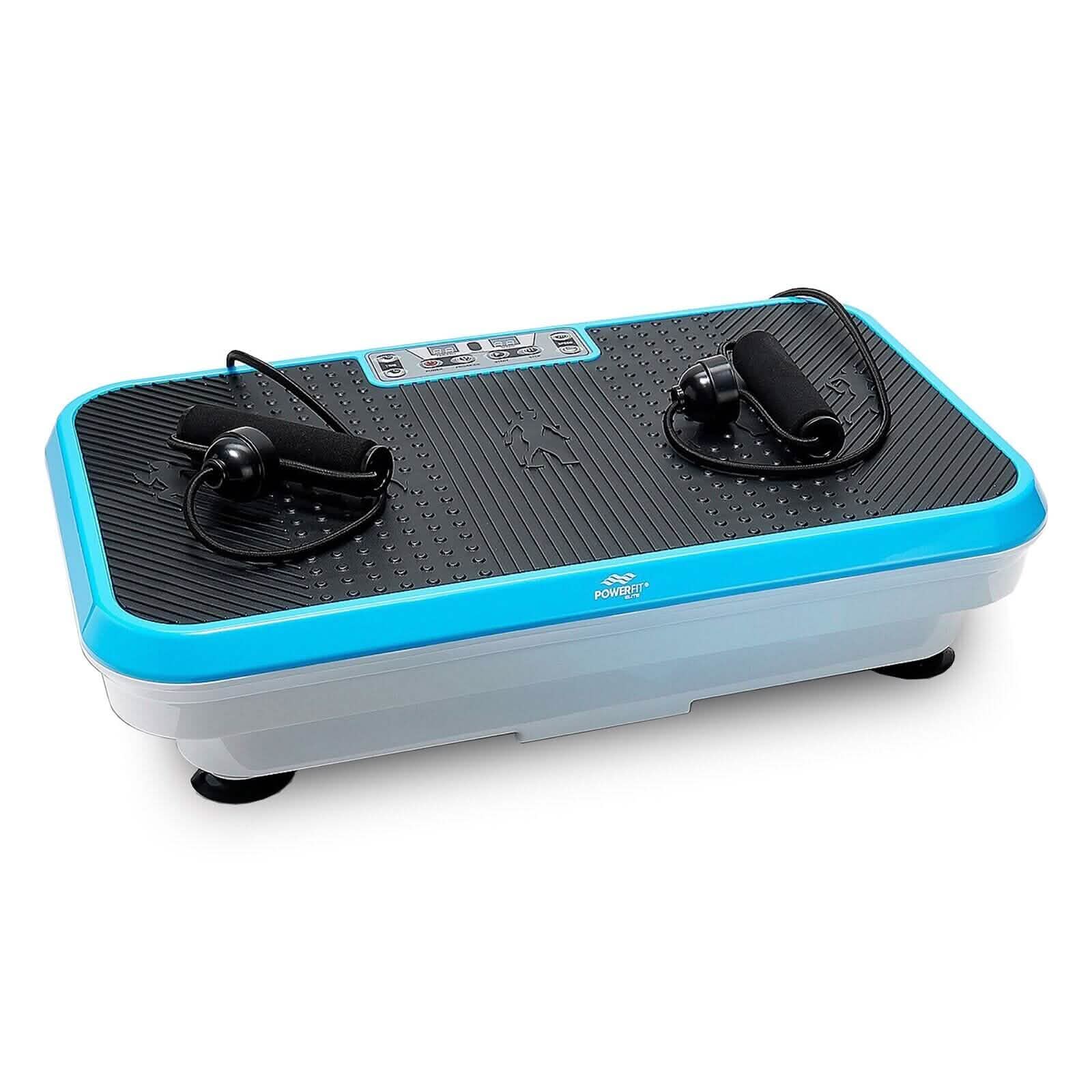 3/4 front view of a blue PowerFit Elite Vibration Platform with Exercise Bands & Mat (Refurbished) shown over a white background