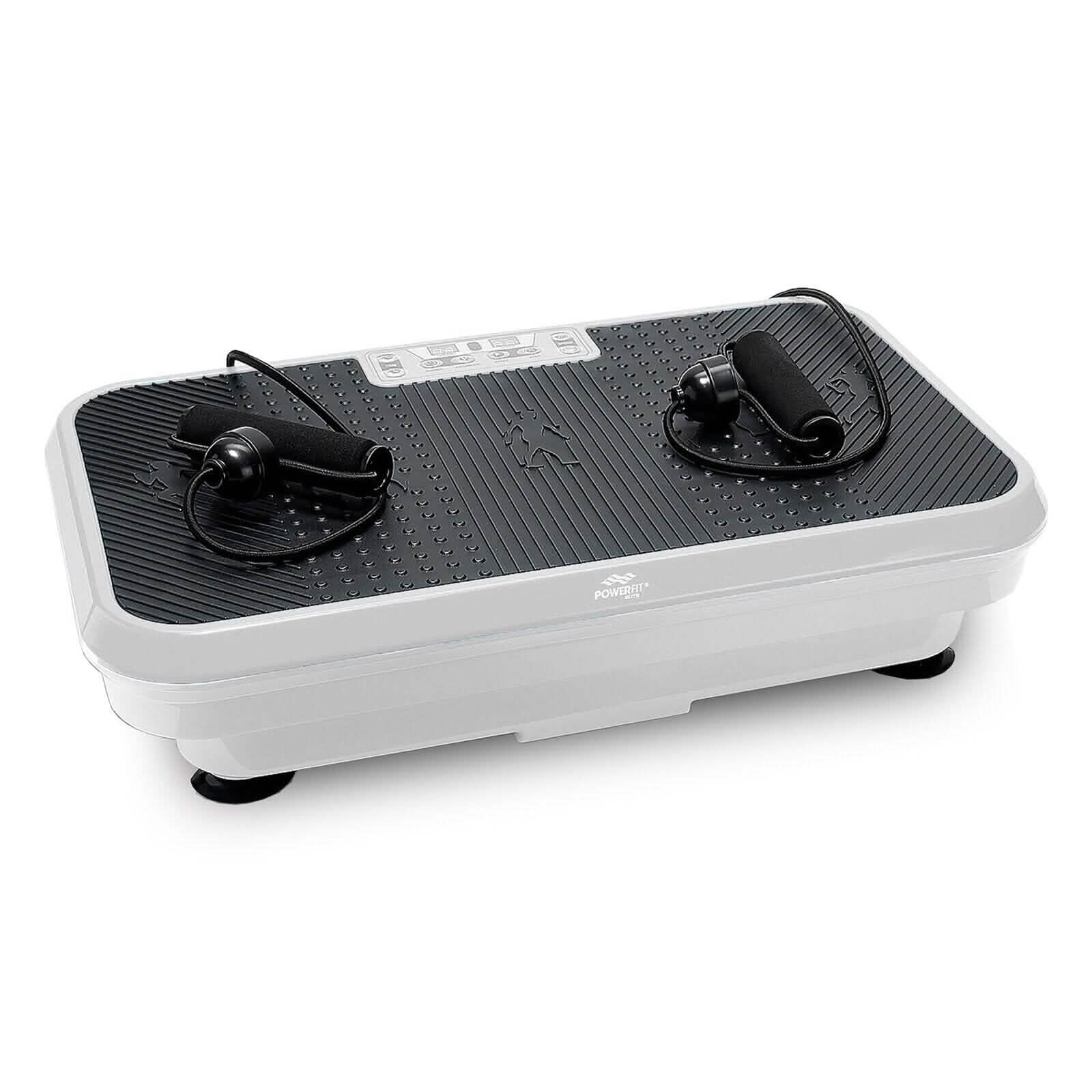 3/4 front view of a gray PowerFit Elite Vibration Platform with Exercise Bands & Mat (Refurbished) shown over a white background