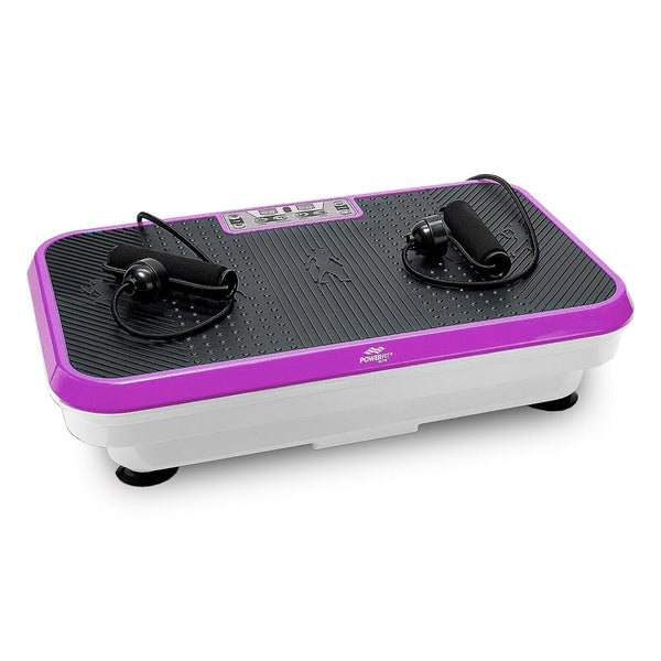 3/4 front view of a purple PowerFit Elite Vibration Platform with Exercise Bands & Mat (Refurbished) shown over a white background