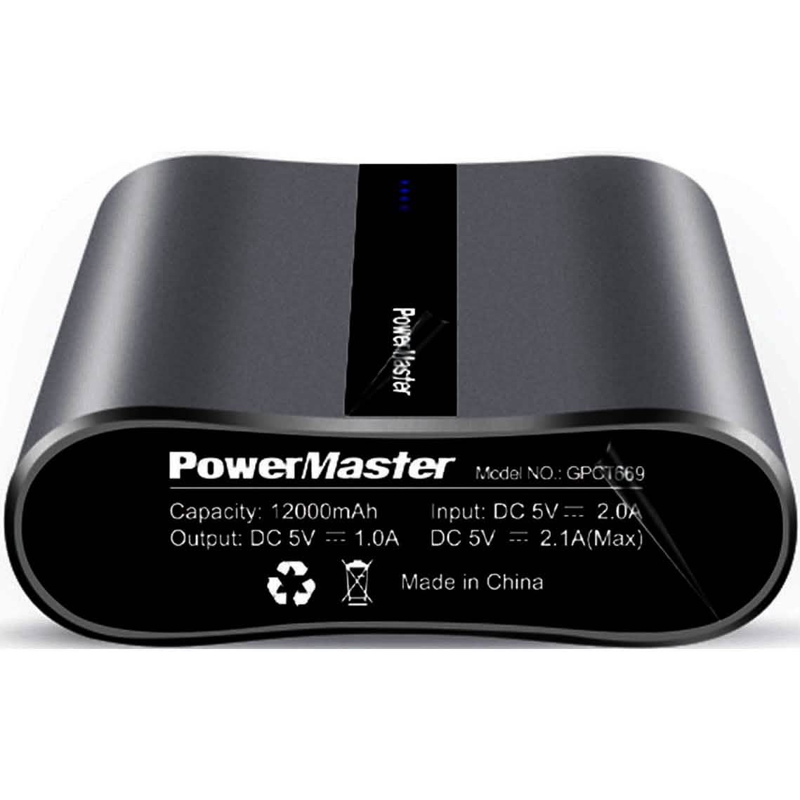Bottom view of a dark grey Powermaster 12000mAh Portable Charger with Dual USB Ports showing its specifications
