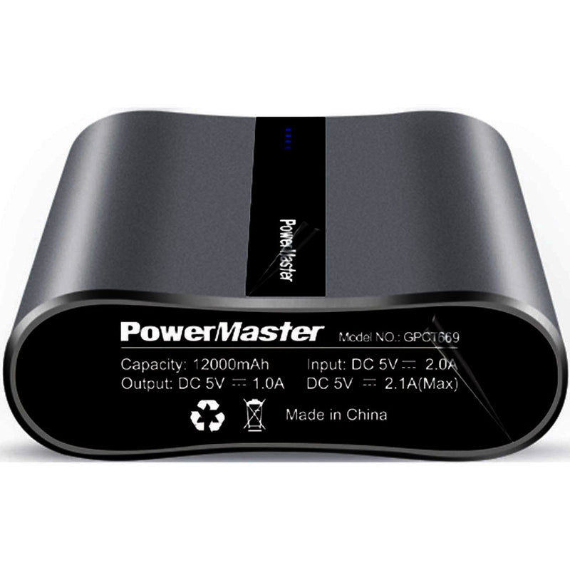 Bottom view of a dark grey Powermaster 12000mAh Portable Charger with Dual USB Ports showing its specifications