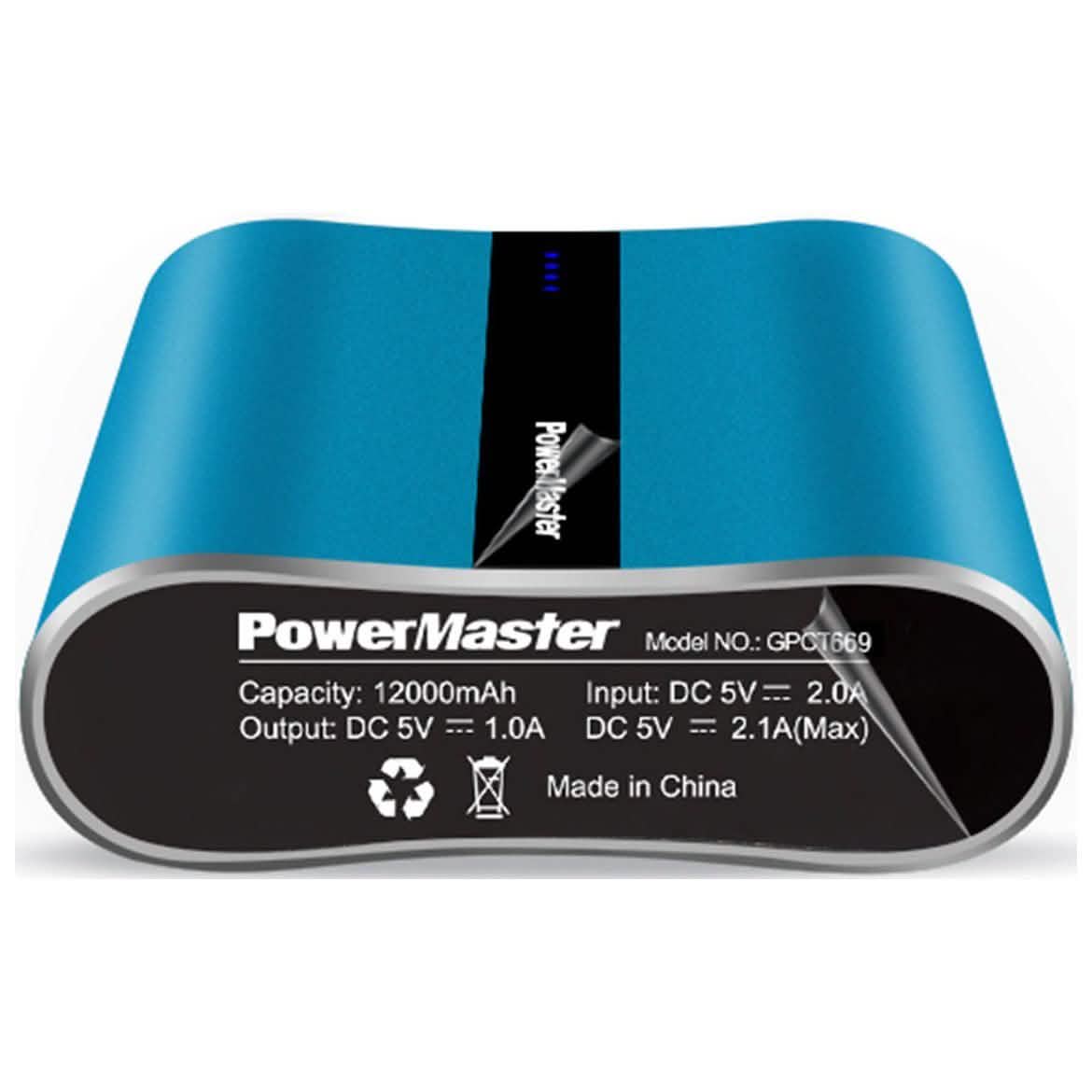 Bottom view of a blue Powermaster 12000mAh Portable Charger with Dual USB Ports showing its specifications