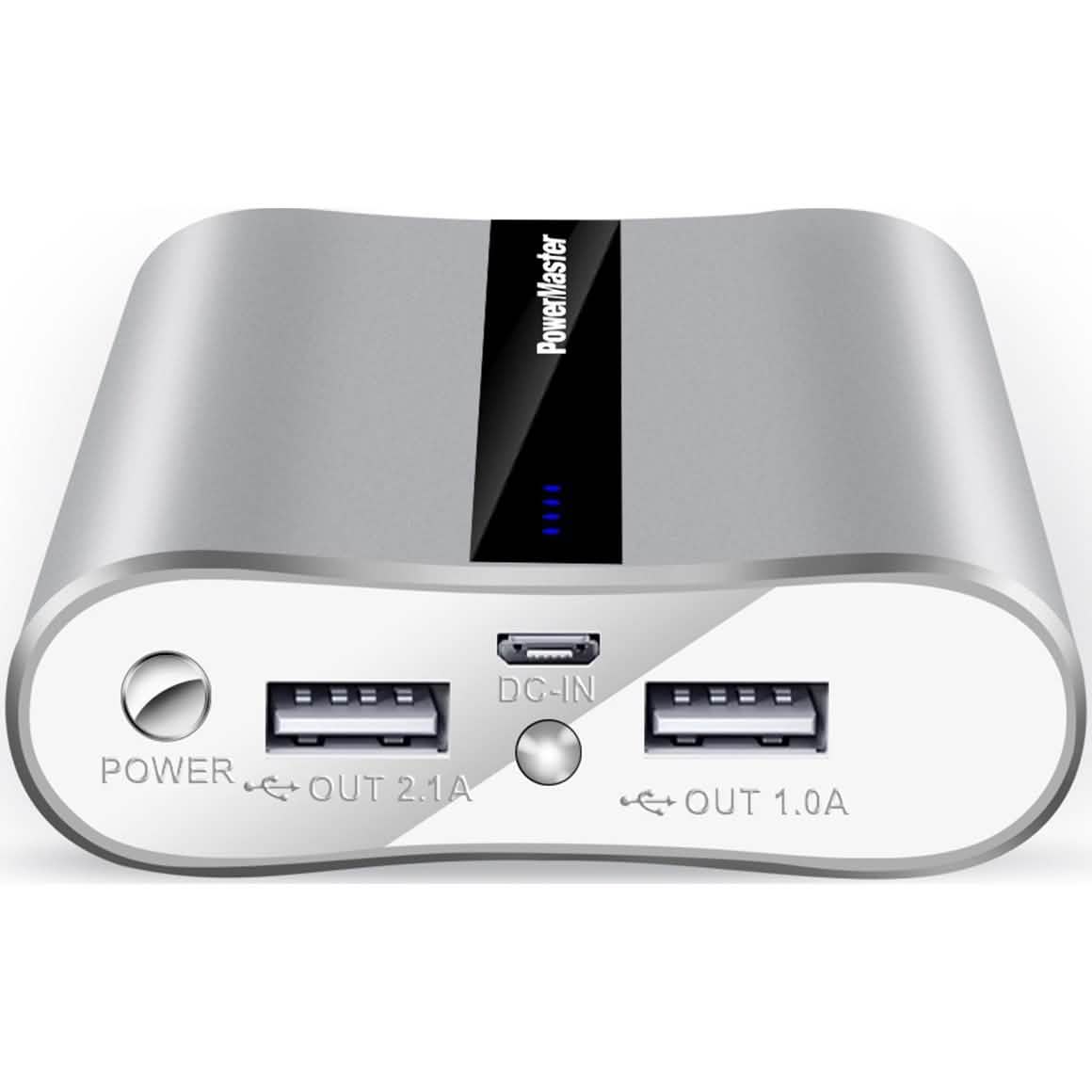 3/4 view of a red Powermaster 12000mAh Portable Charger with Dual USB Ports