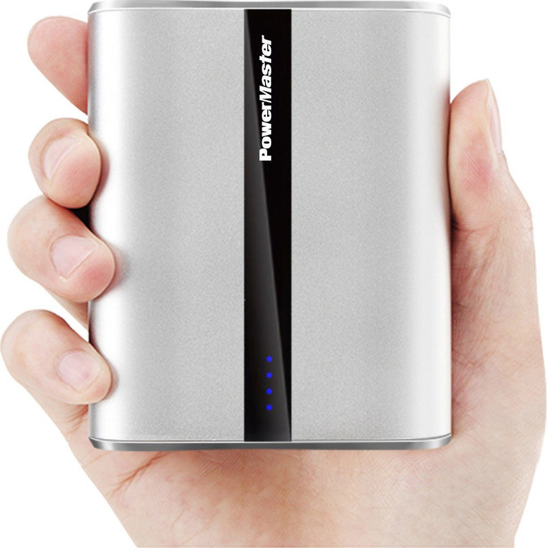 Closeup of a hand holding a light grey Powermaster 12000mAh Portable Charger with Dual USB Ports to demonstrate sizing
