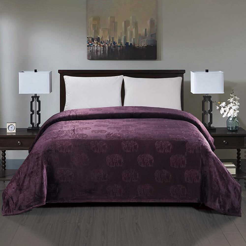 Premium Flannel Fleece Elephant Design Blanket Bed & Bath Queen Plum - DailySale